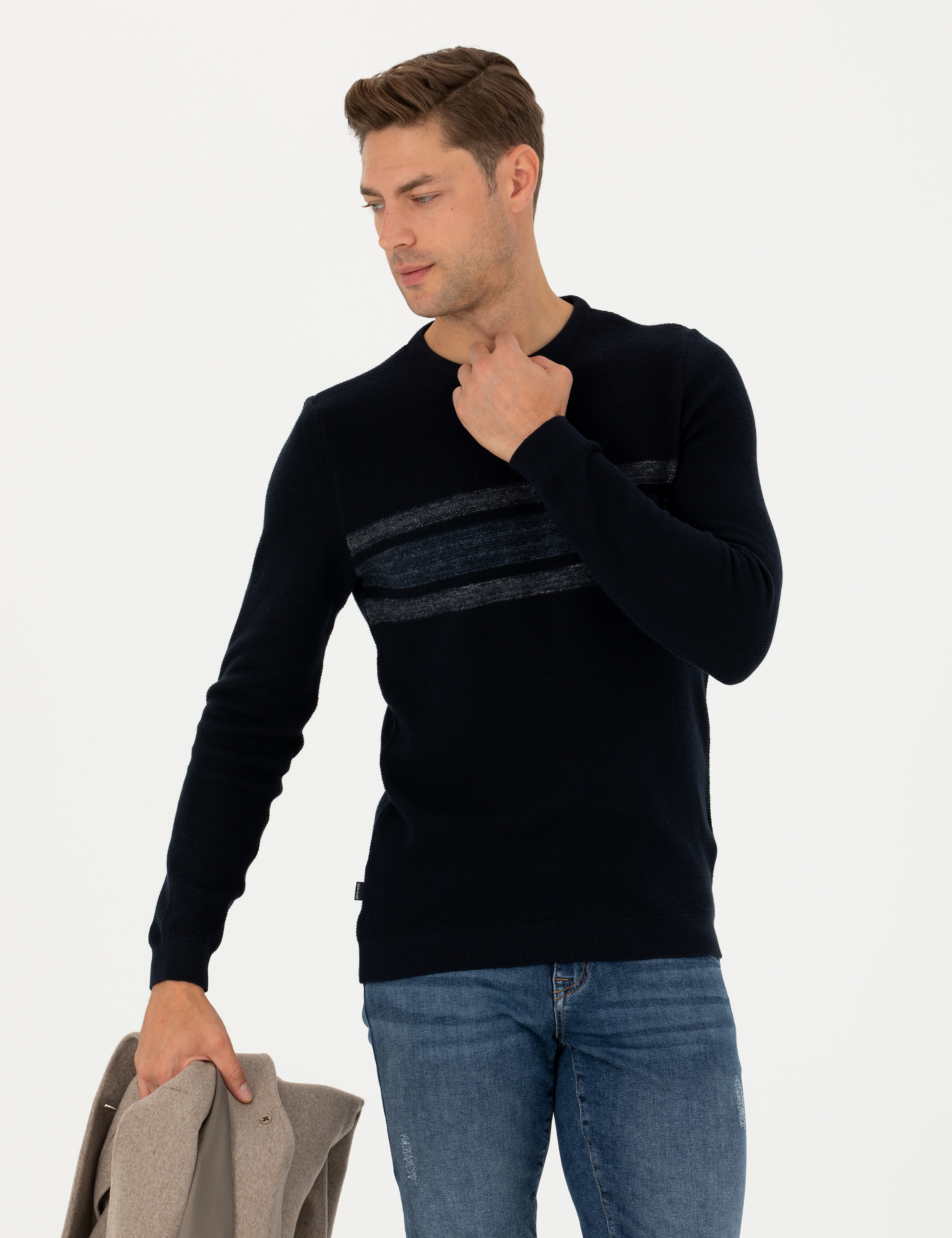 Koyu Lacivert Slim Fit Bisiklet Yaka Triko Kazak