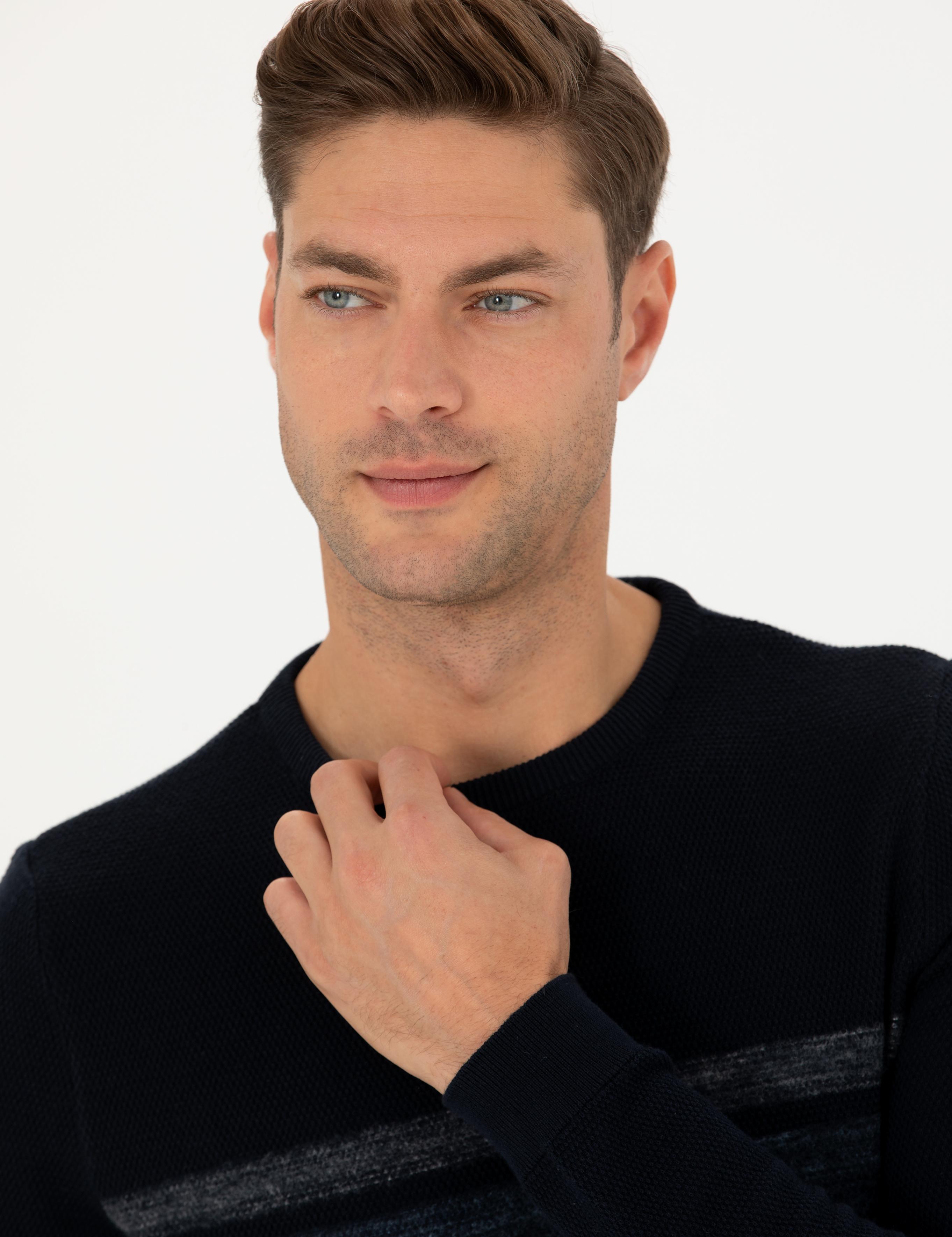 Koyu Lacivert Slim Fit Bisiklet Yaka Triko Kazak