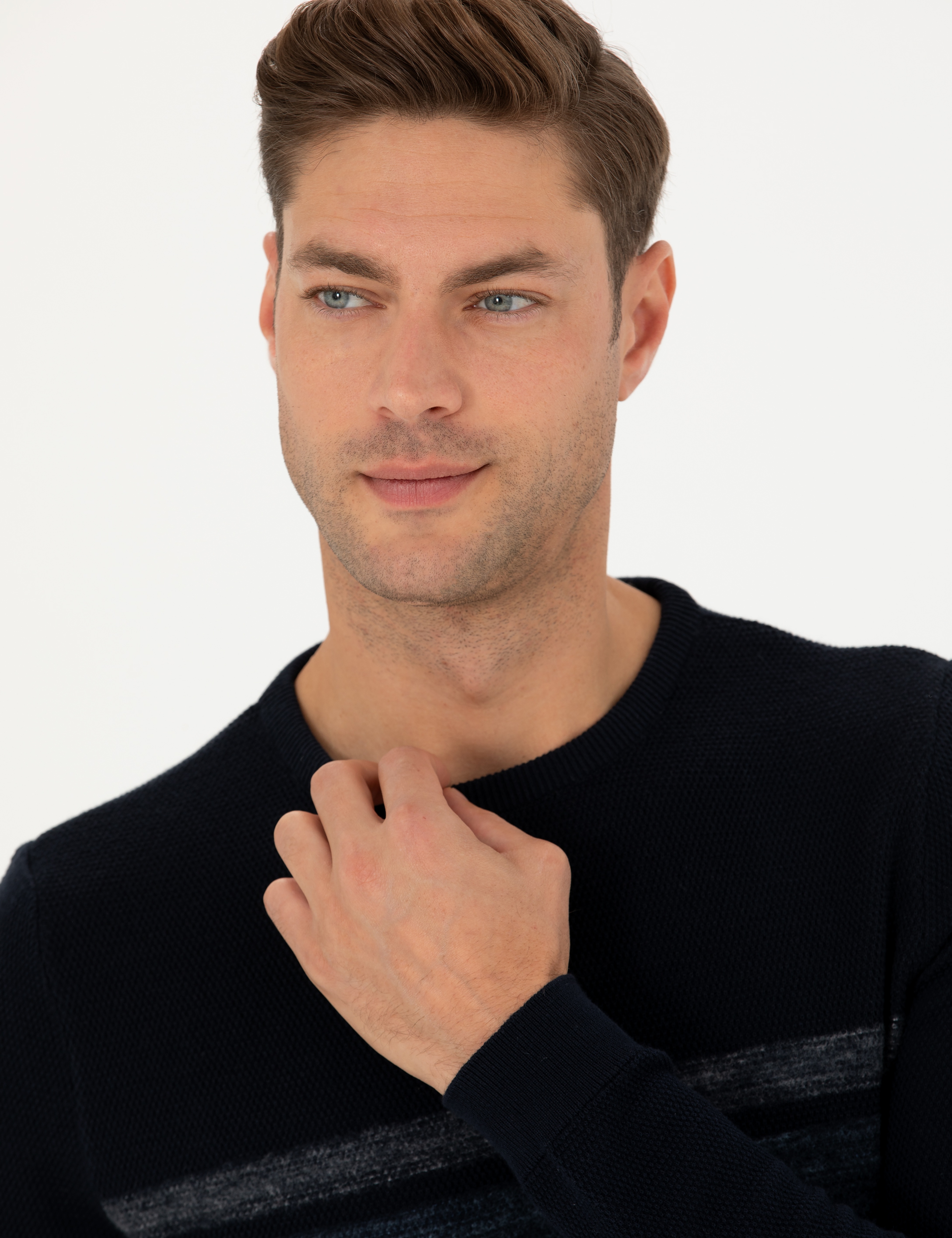 Koyu Lacivert Slim Fit Bisiklet Yaka Triko Kazak - Image 2