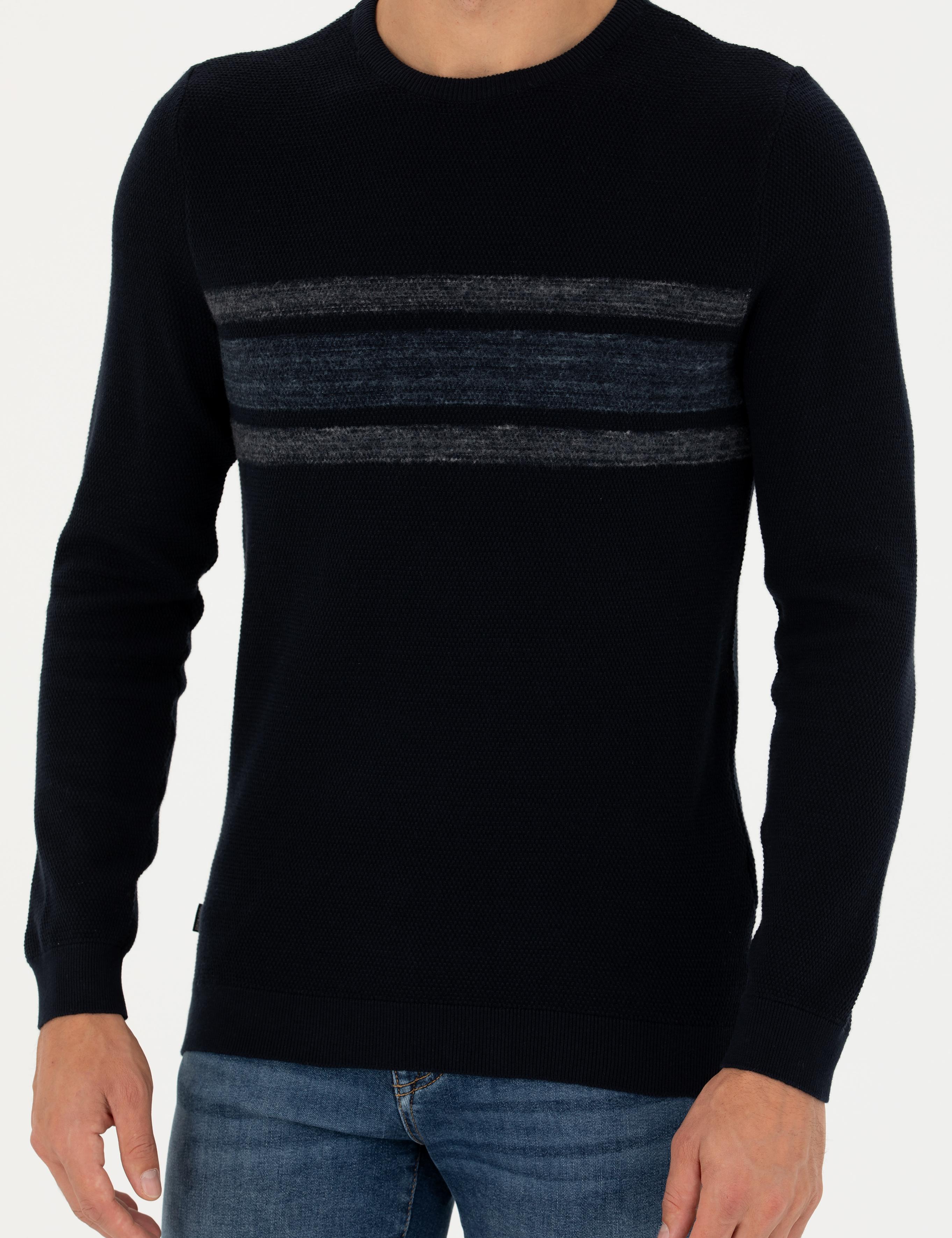 Koyu Lacivert Slim Fit Bisiklet Yaka Triko Kazak