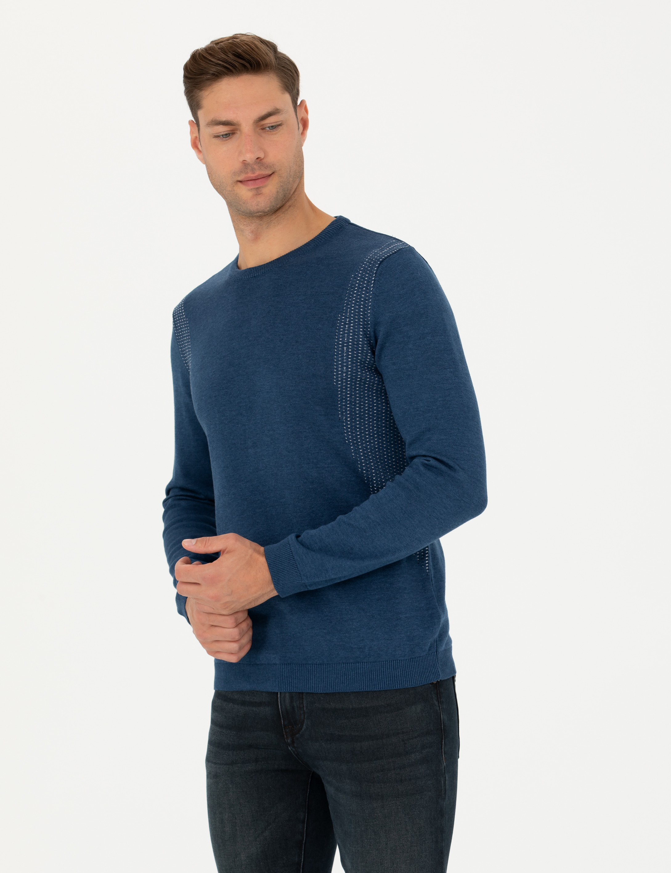 İndigo Melanj Slim Fit Bisiklet Yaka Triko Kazak - Image 3