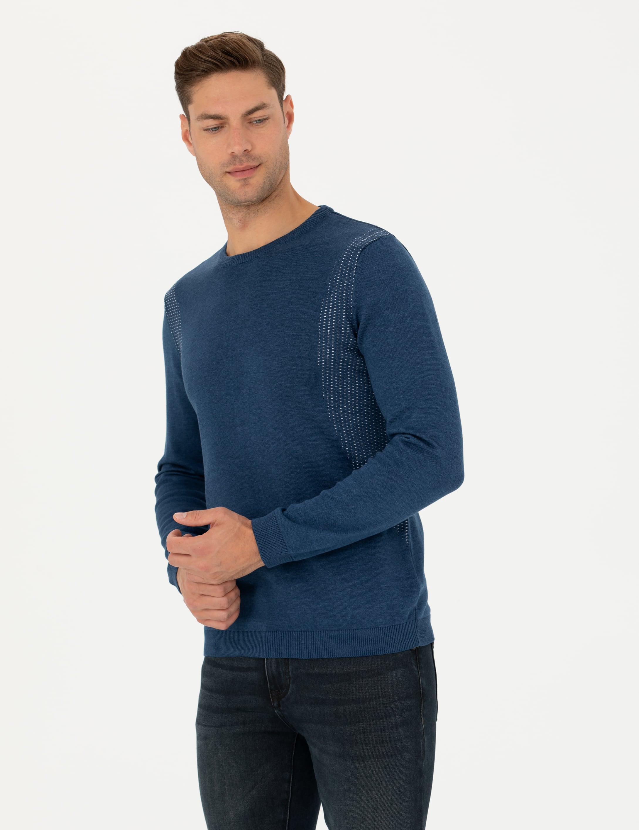 İndigo Melanj Slim Fit Bisiklet Yaka Triko Kazak