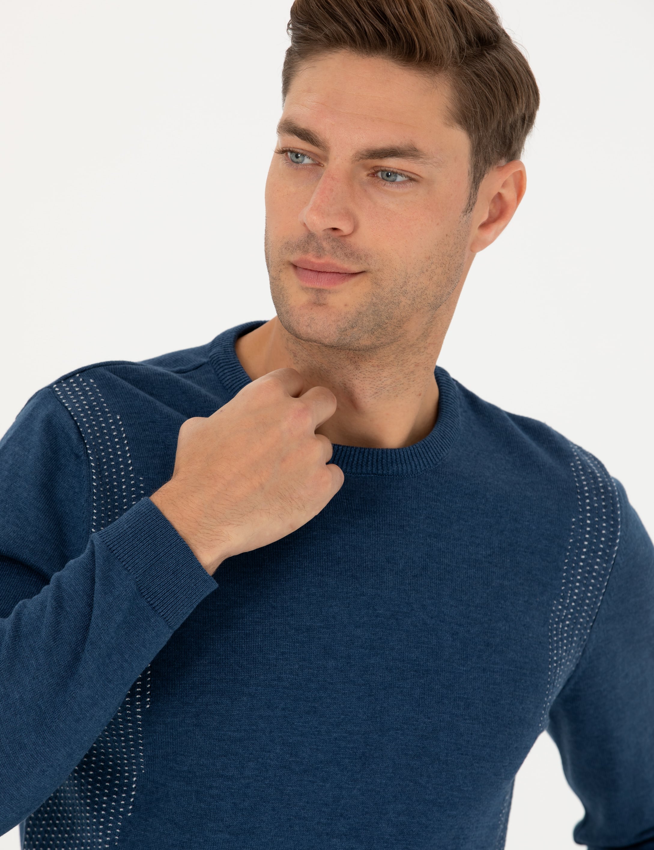 İndigo Melanj Slim Fit Bisiklet Yaka Triko Kazak