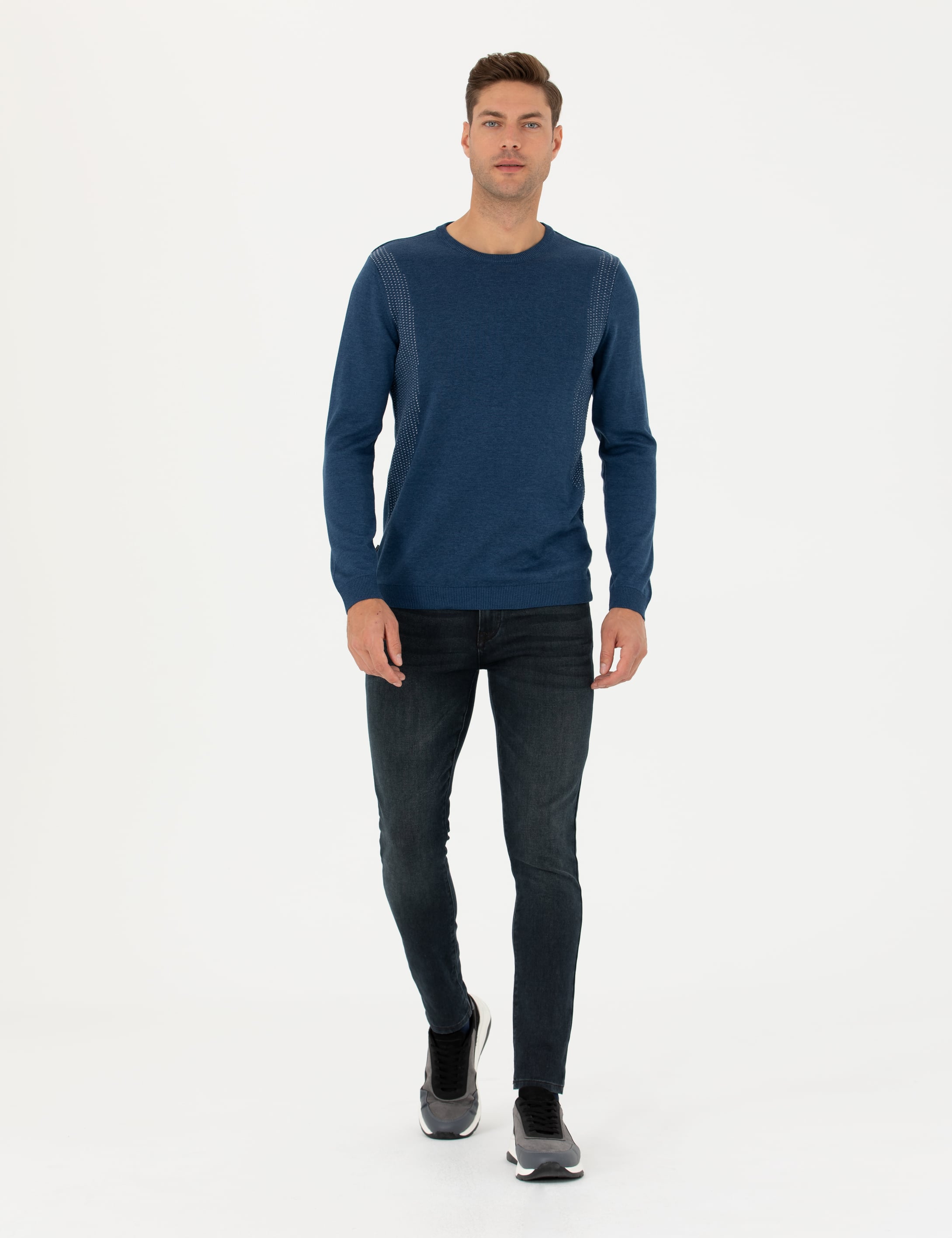 İndigo Melanj Slim Fit Bisiklet Yaka Triko Kazak