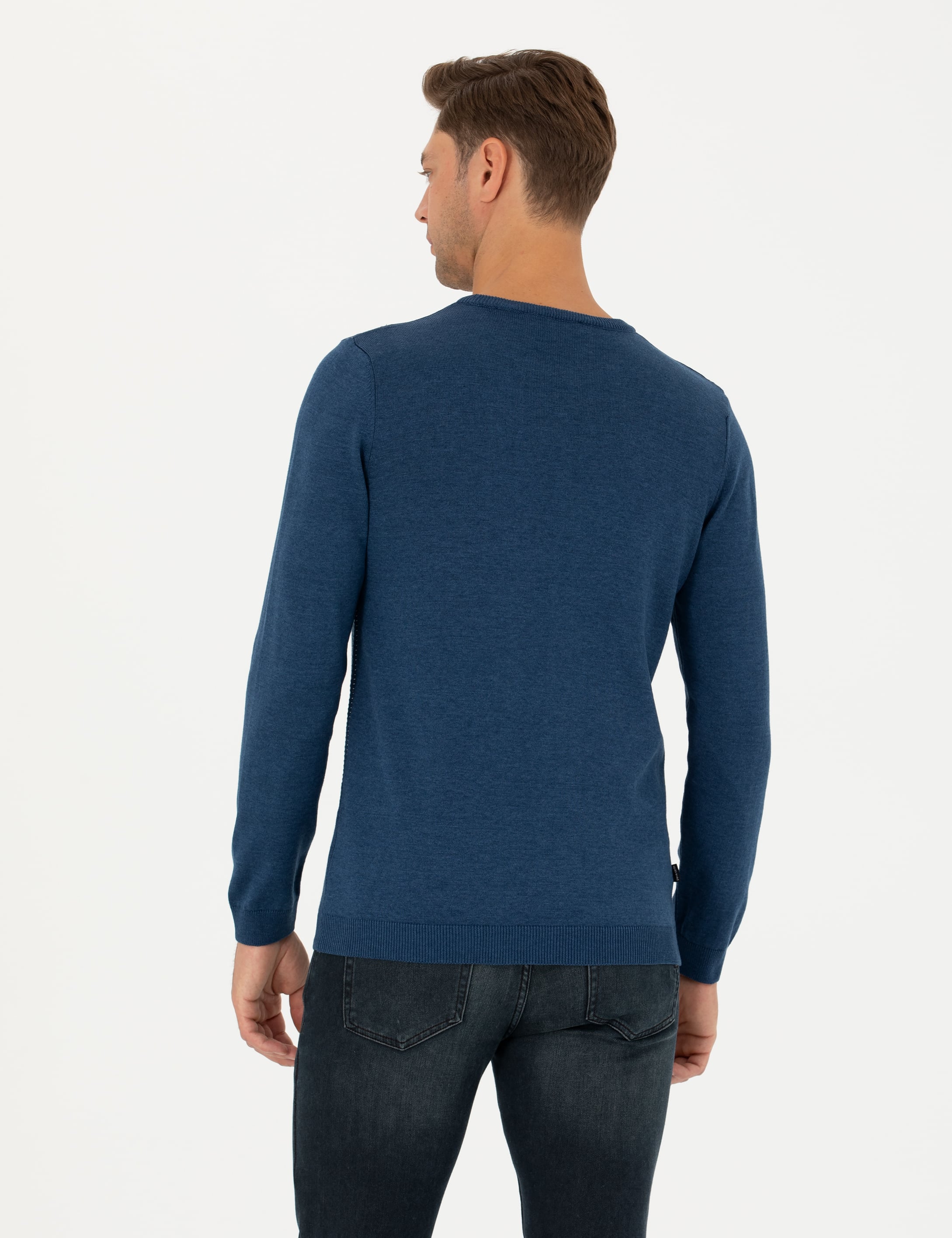İndigo Melanj Slim Fit Bisiklet Yaka Triko Kazak - Image 6