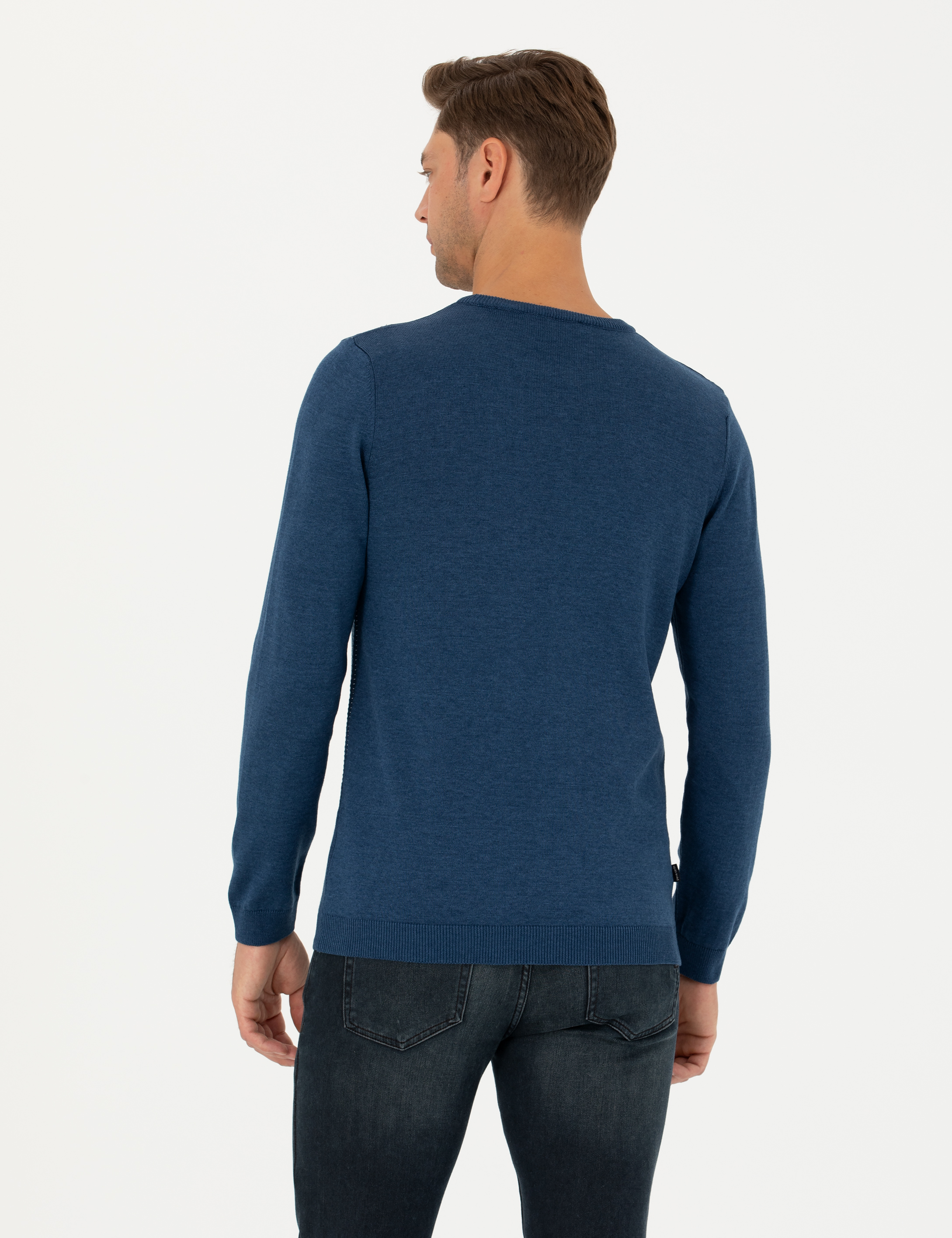 İndigo Melanj Slim Fit Bisiklet Yaka Triko Kazak