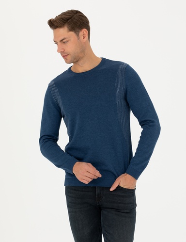 İndigo Melanj Slim Fit Bisiklet Yaka Triko Kazak
