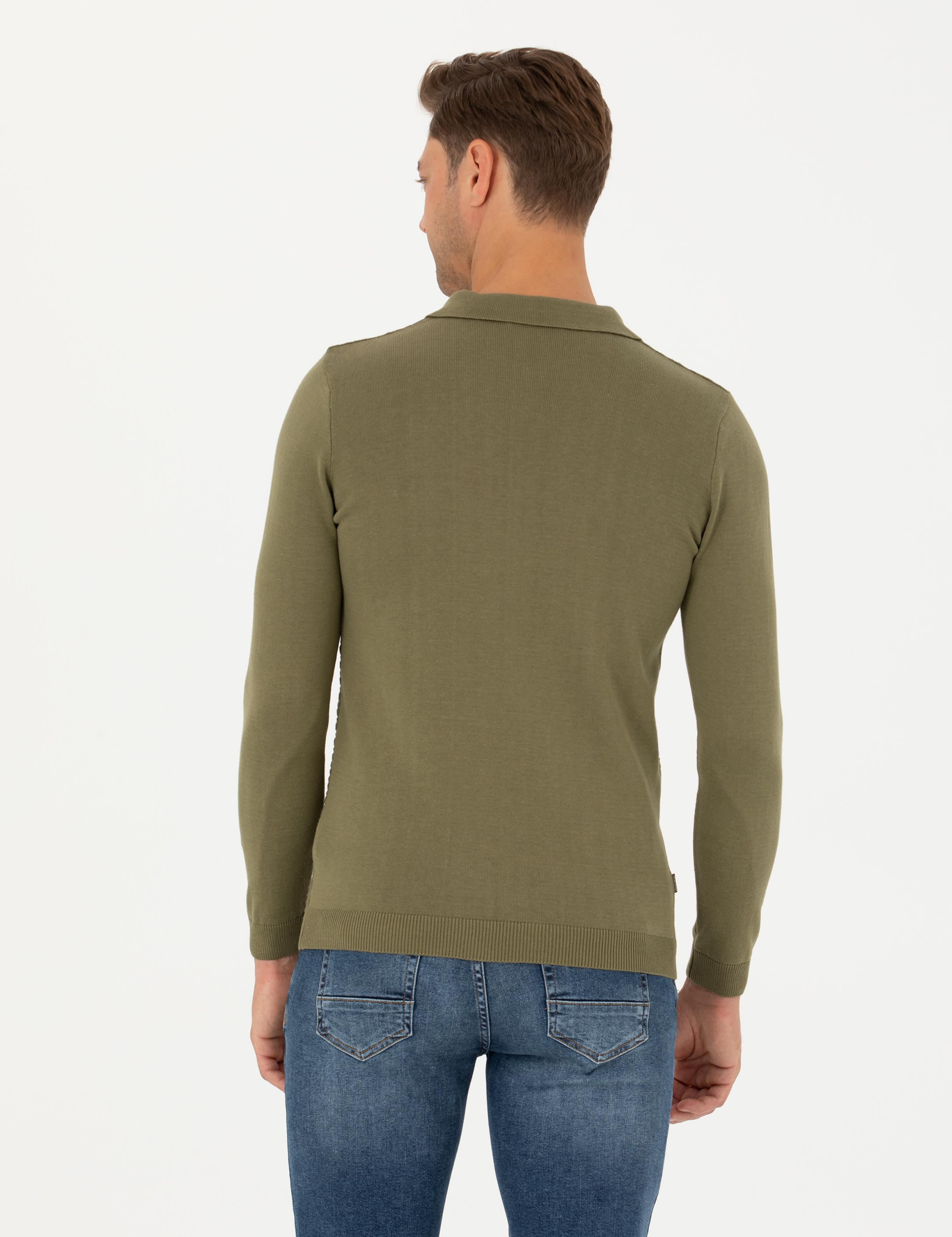 Haki Slim Fit Fermuarlı Polo Yaka Triko Kazak