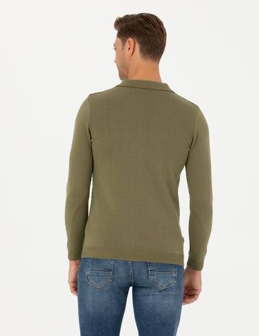 Haki Slim Fit Fermuarlı Polo Yaka Triko Kazak