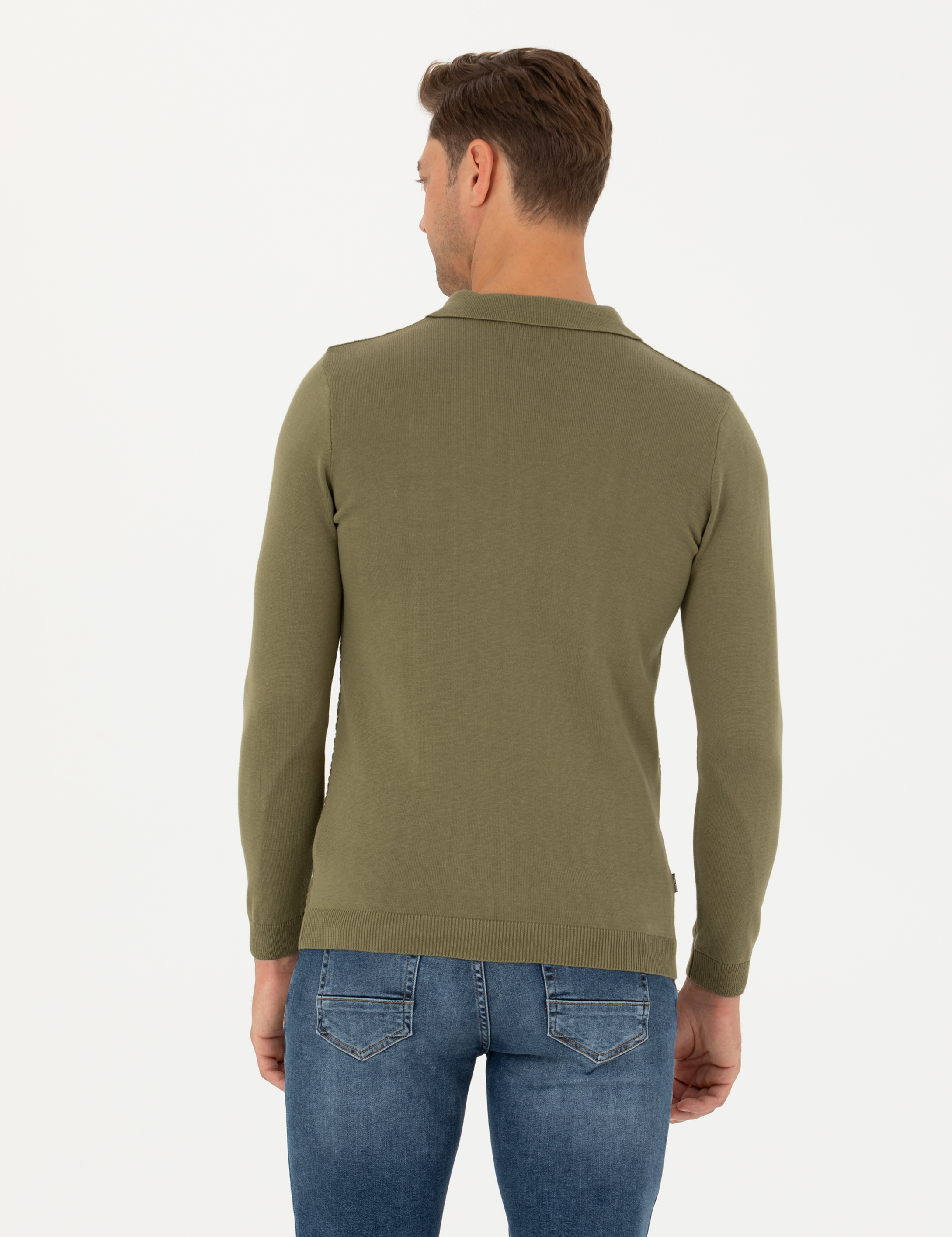 Haki Slim Fit Fermuarlı Polo Yaka Triko Kazak - Image 5