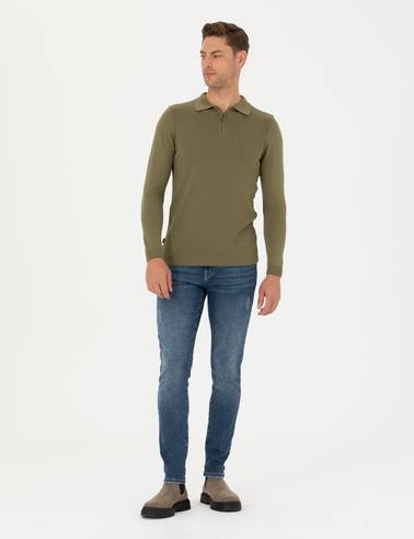 Haki Slim Fit Fermuarlı Polo Yaka Triko Kazak