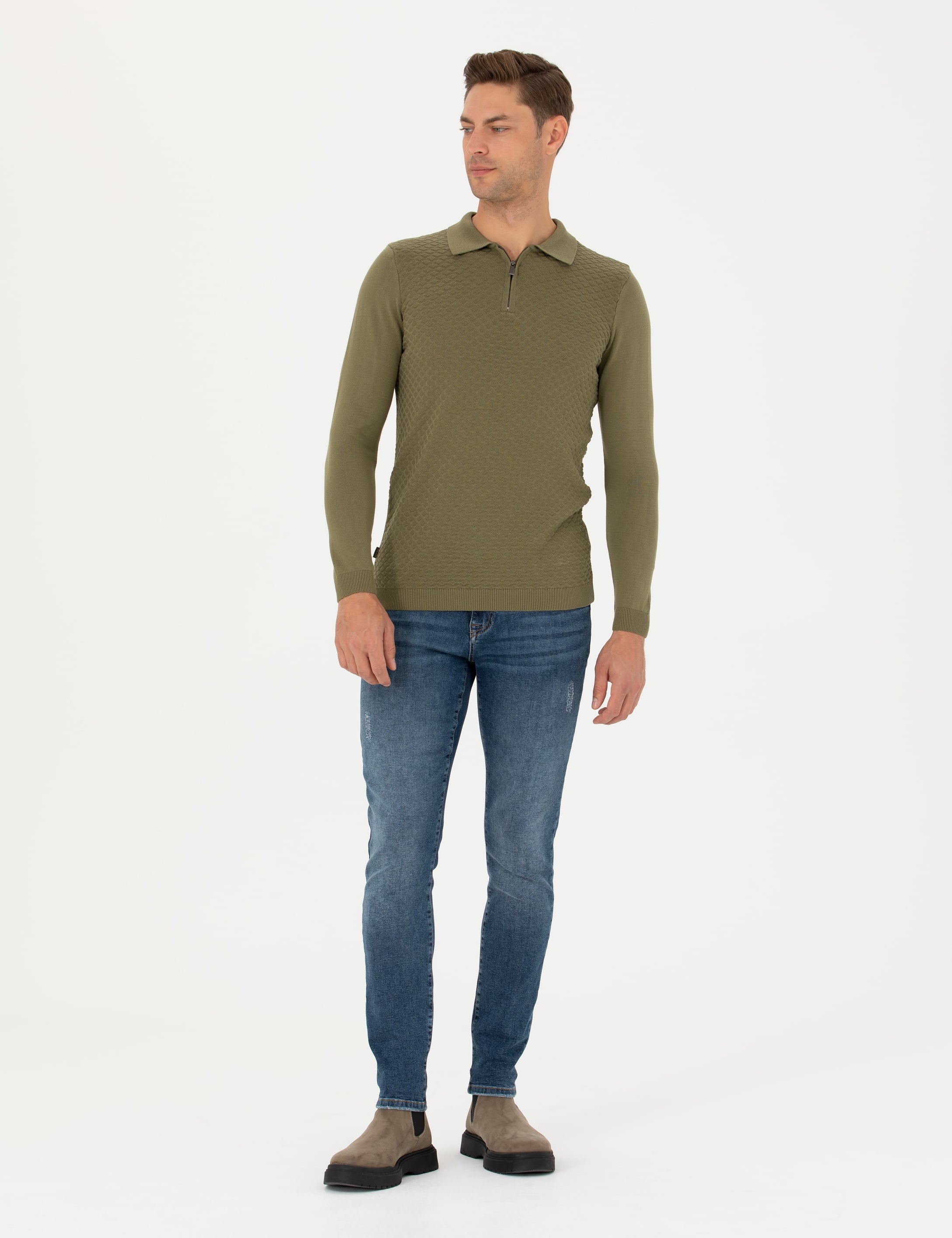 Haki Slim Fit Fermuarlı Polo Yaka Triko Kazak