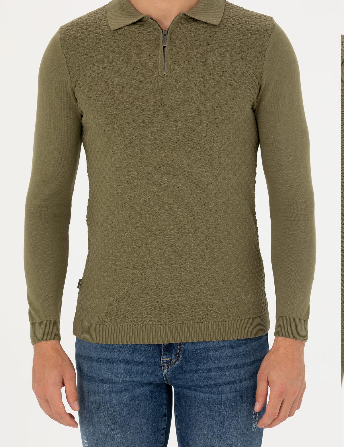 Haki Slim Fit Fermuarlı Polo Yaka Triko Kazak - 50281825018