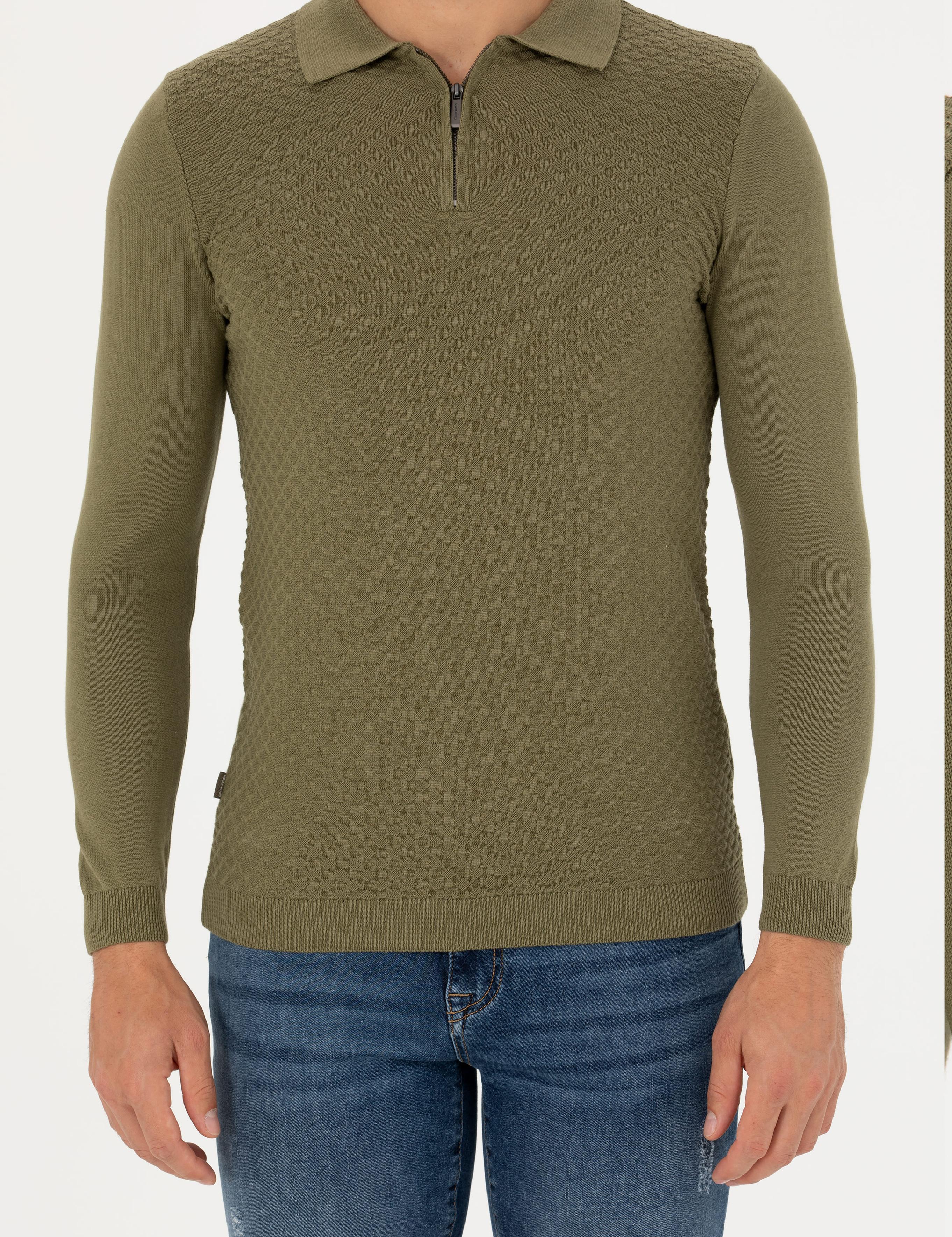 Haki Slim Fit Fermuarlı Polo Yaka Triko Kazak