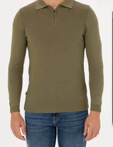 Haki Slim Fit Fermuarlı Polo Yaka Triko Kazak