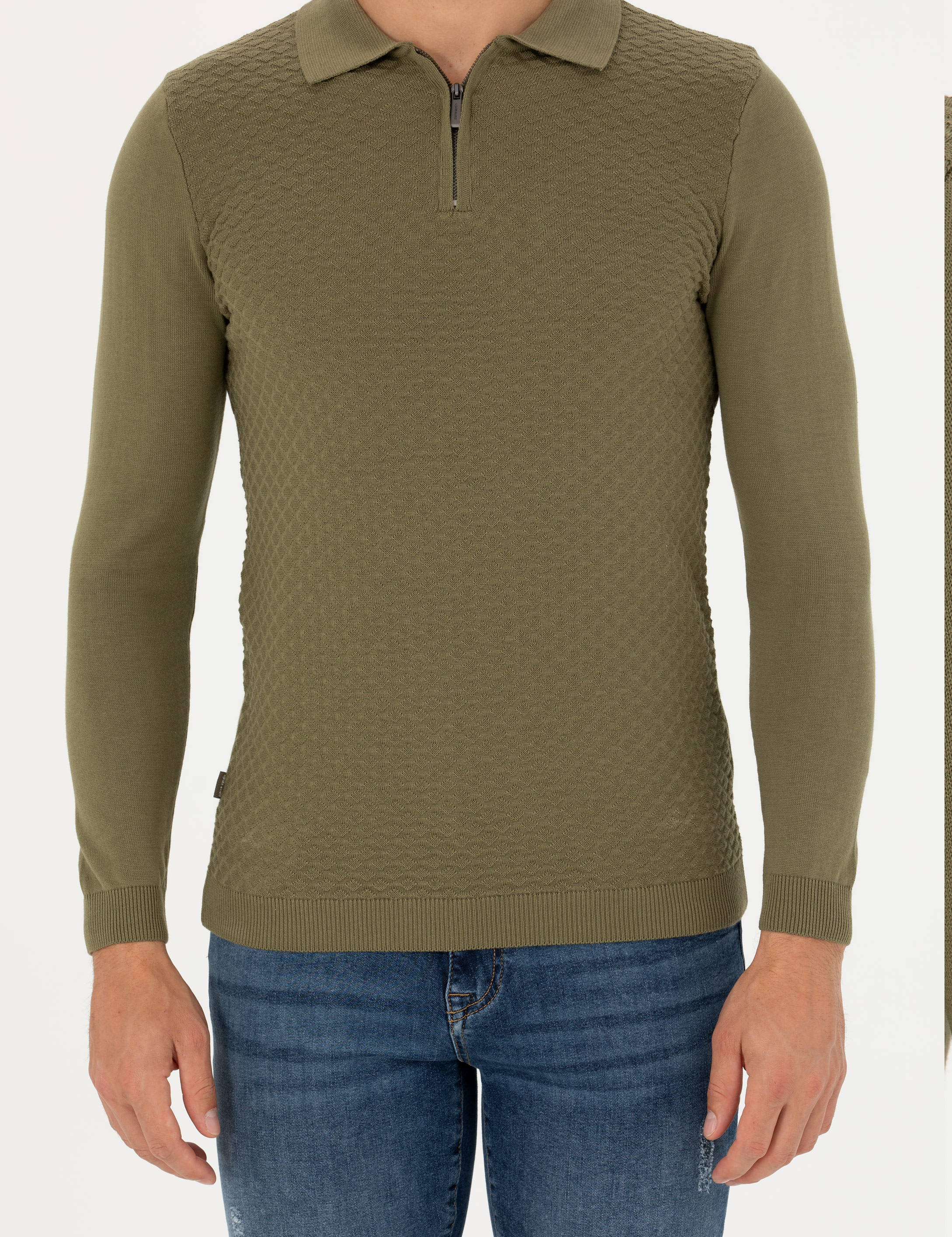 Haki Slim Fit Fermuarlı Polo Yaka Triko Kazak