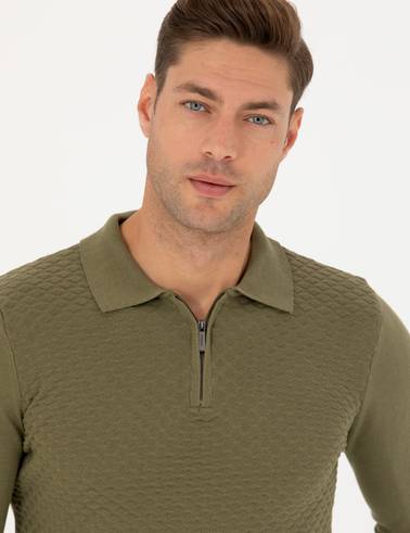Haki Slim Fit Fermuarlı Polo Yaka Triko Kazak