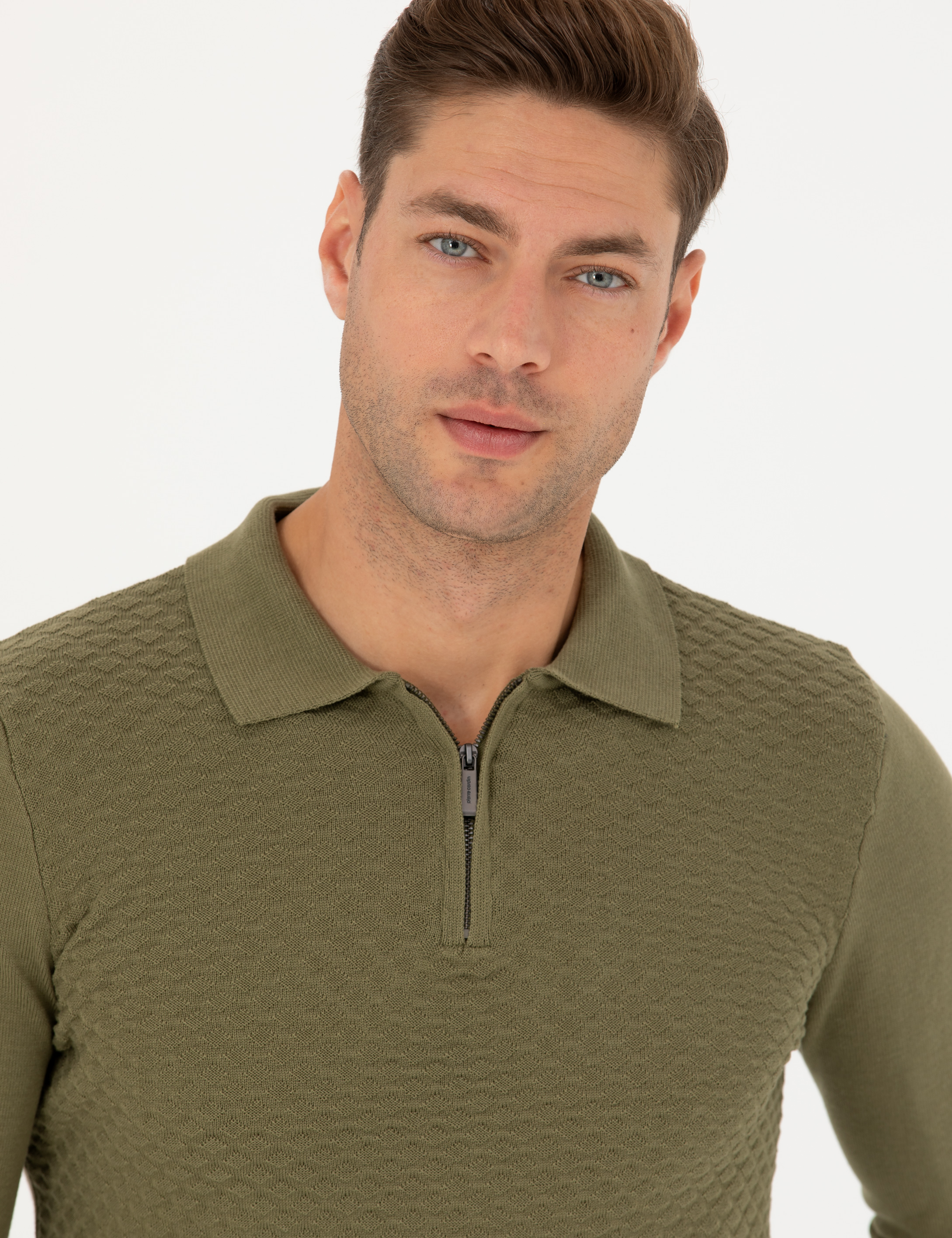 Haki Slim Fit Fermuarlı Polo Yaka Triko Kazak - Image 2