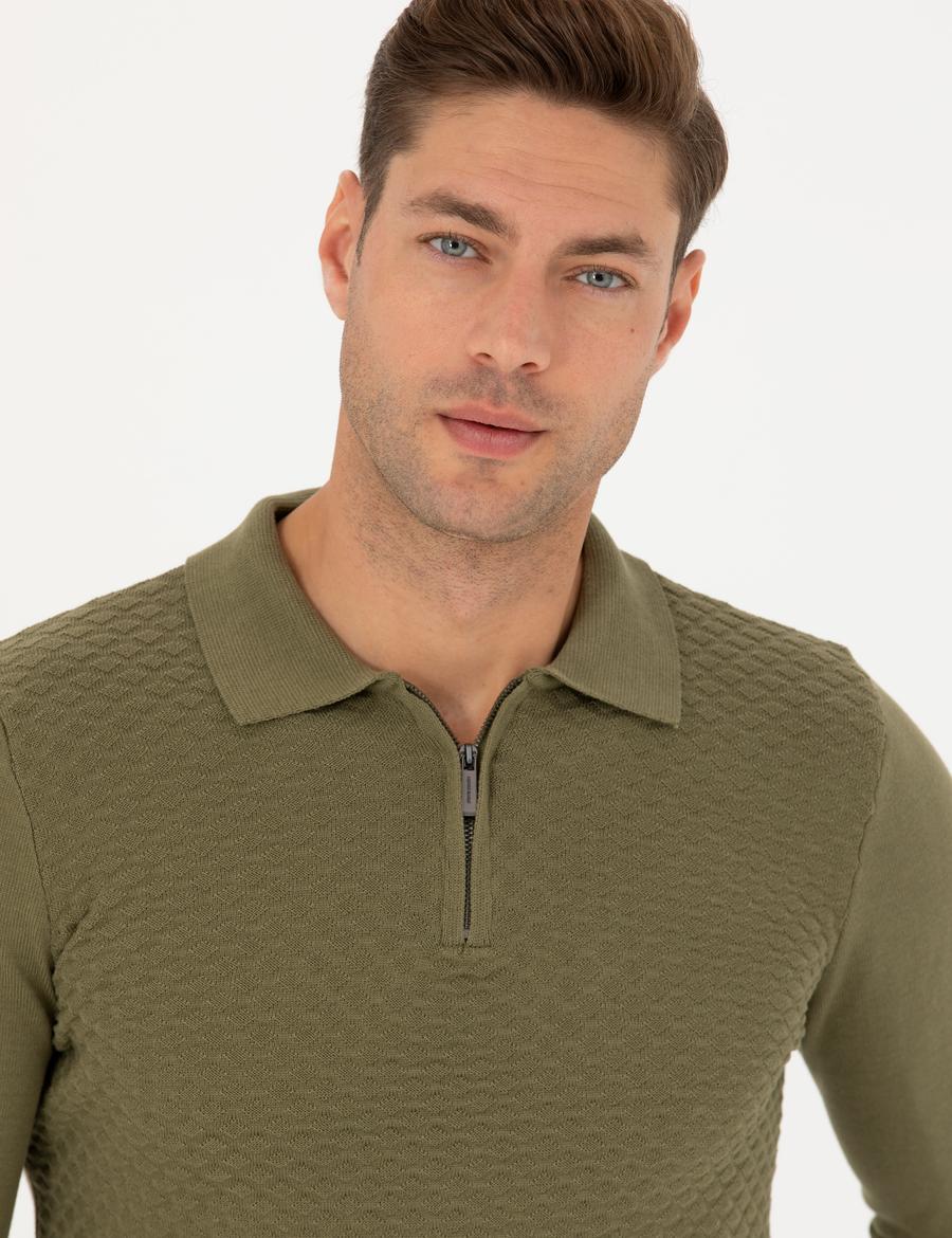 Haki Slim Fit Fermuarlı Polo Yaka Triko Kazak