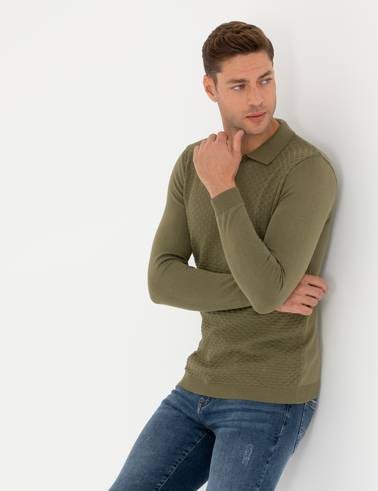 Haki Slim Fit Fermuarlı Polo Yaka Triko Kazak