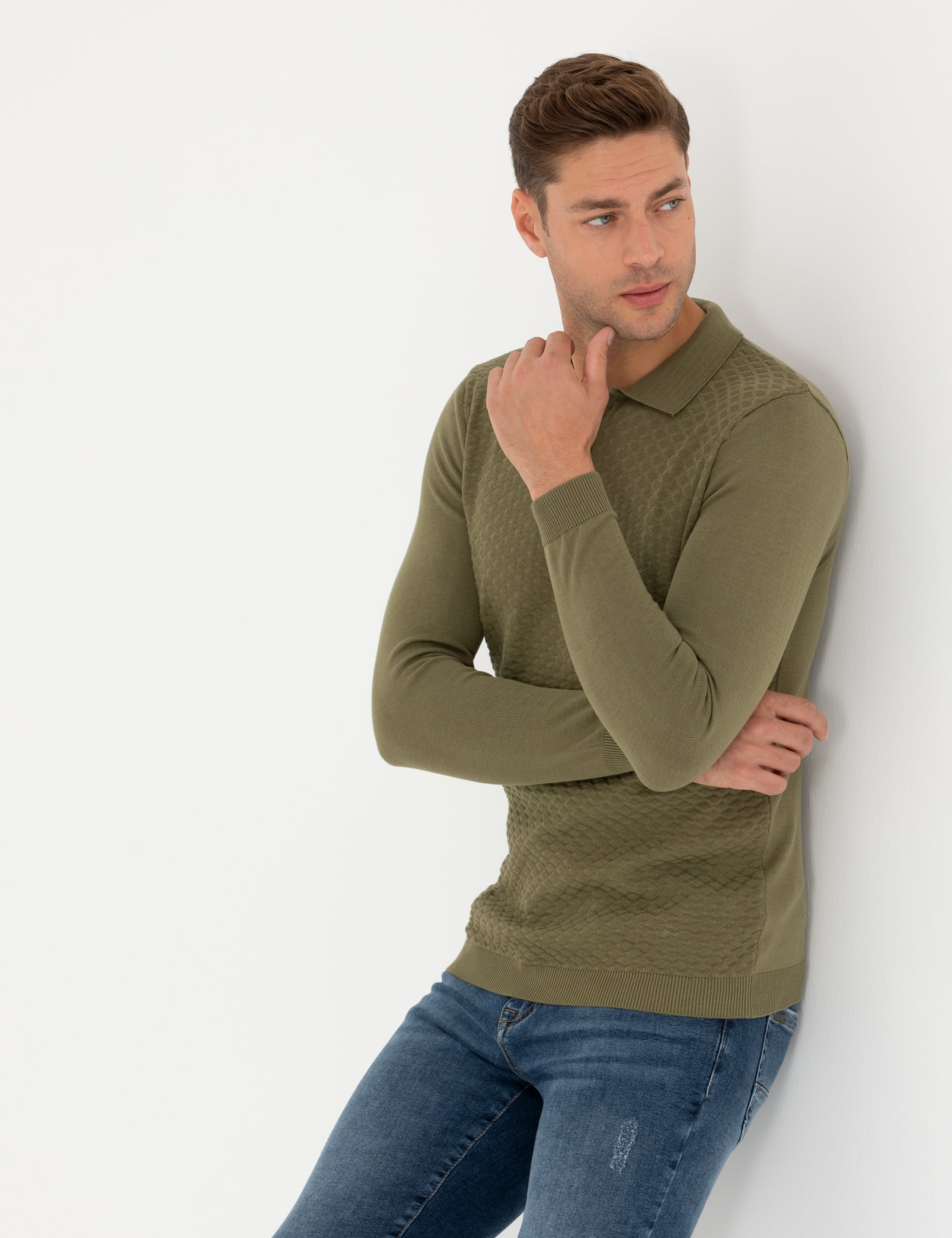 Haki Slim Fit Fermuarlı Polo Yaka Triko Kazak - Image 3