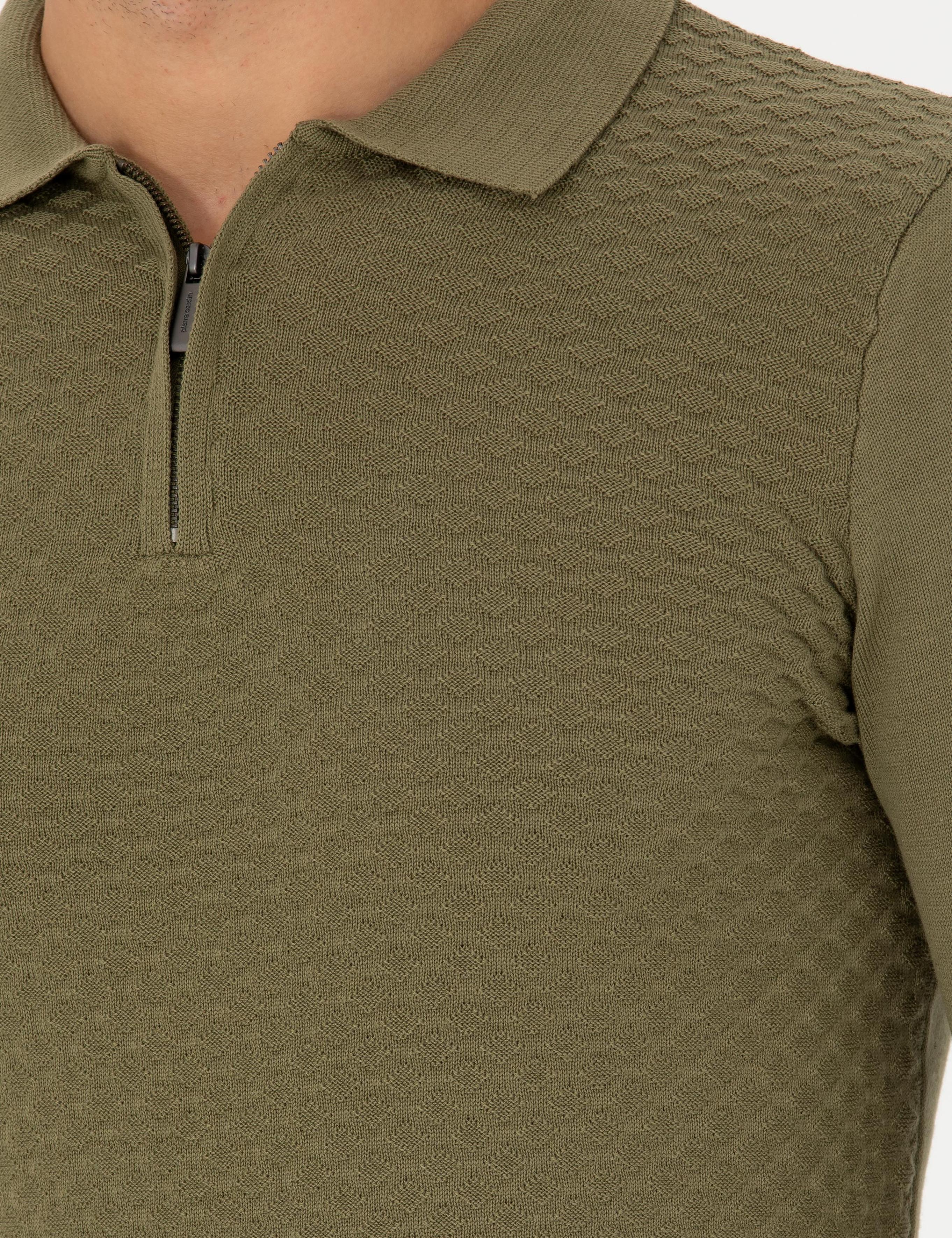 Haki Slim Fit Fermuarlı Polo Yaka Triko Kazak