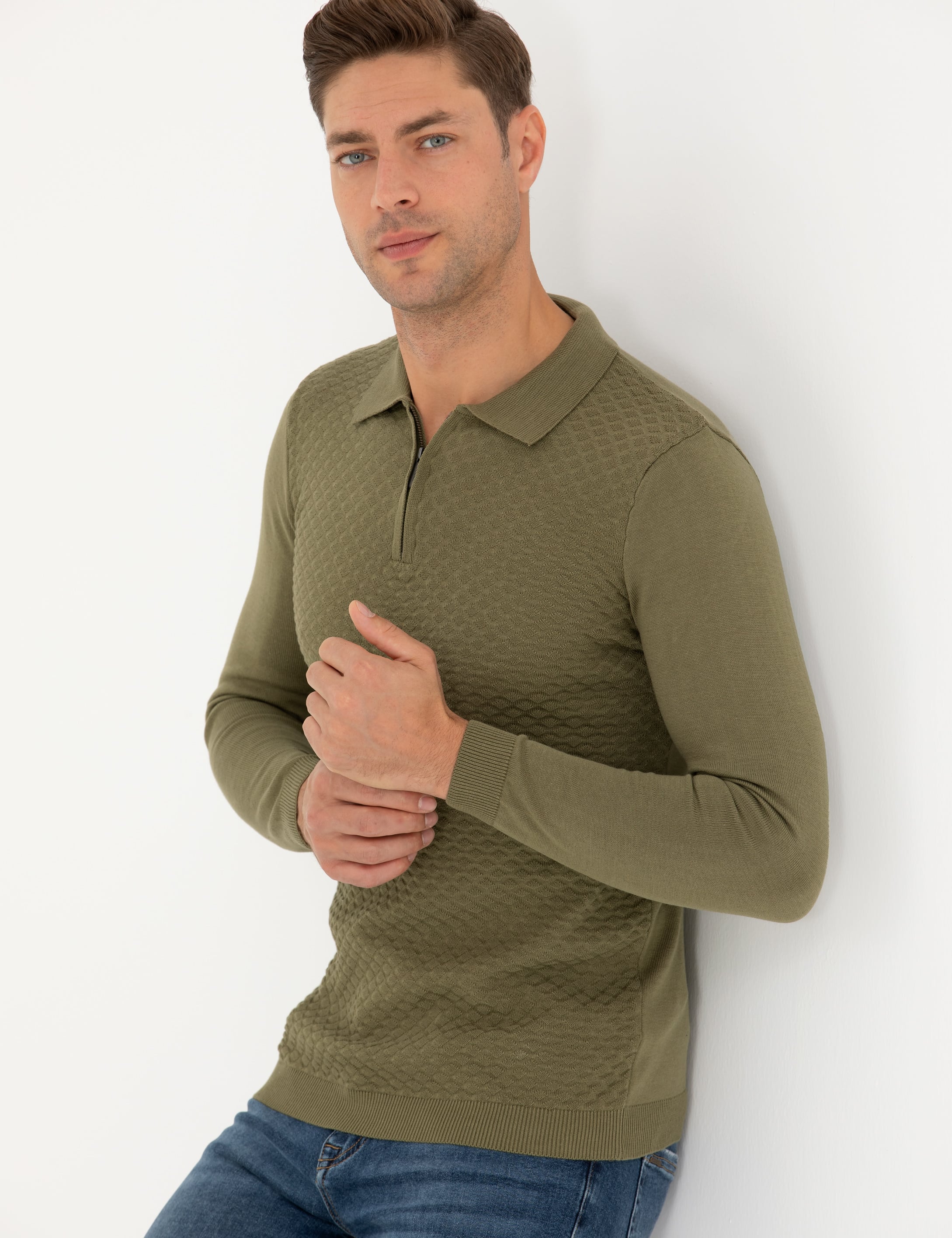 Haki Slim Fit Fermuarlı Polo Yaka Triko Kazak - Image 1