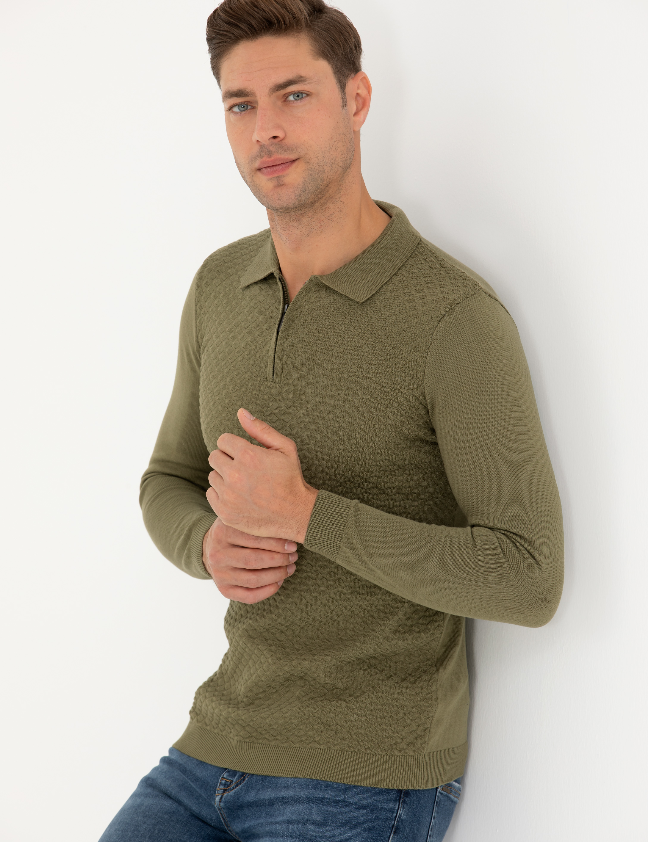 Haki Slim Fit Fermuarlı Polo Yaka Triko Kazak