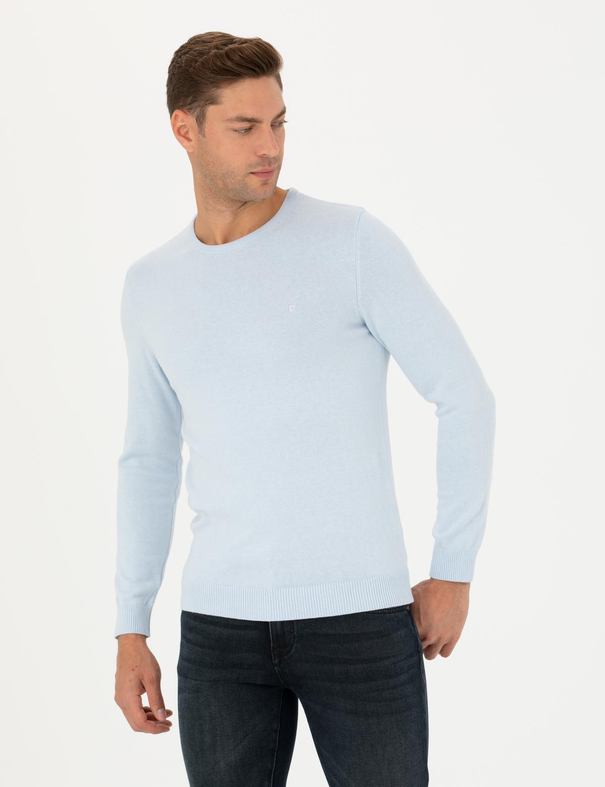 Açık Mavi Slim Fit Bisiklet Yaka Basic Triko Kazak - 50270179194