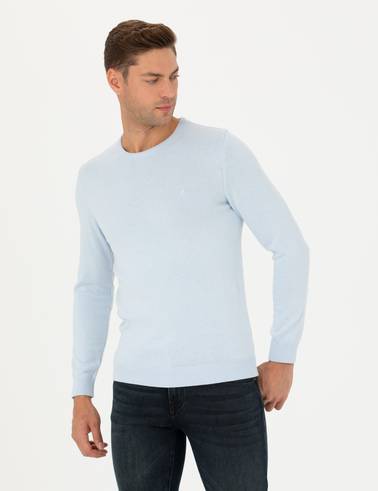 Açık Mavi Slim Fit Bisiklet Yaka Basic Triko Kazak