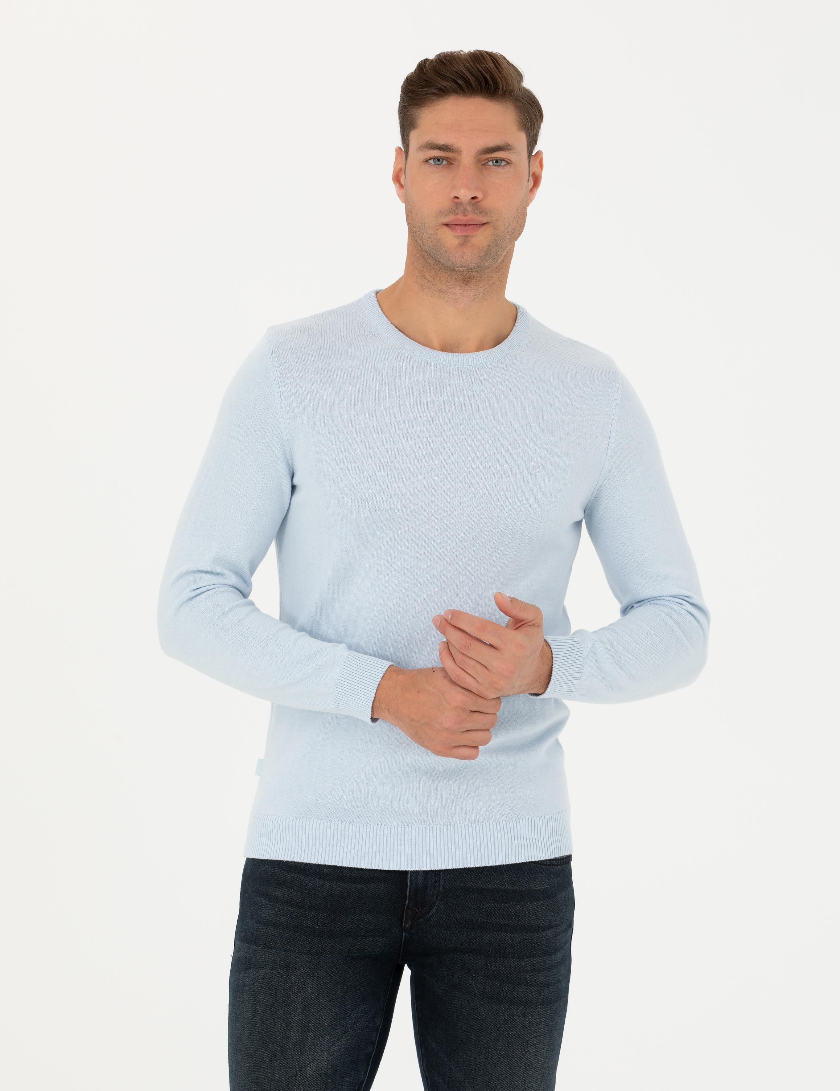 Açık Mavi Slim Fit Bisiklet Yaka Basic Triko Kazak