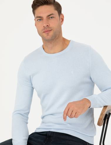 Açık Mavi Slim Fit Bisiklet Yaka Basic Triko Kazak