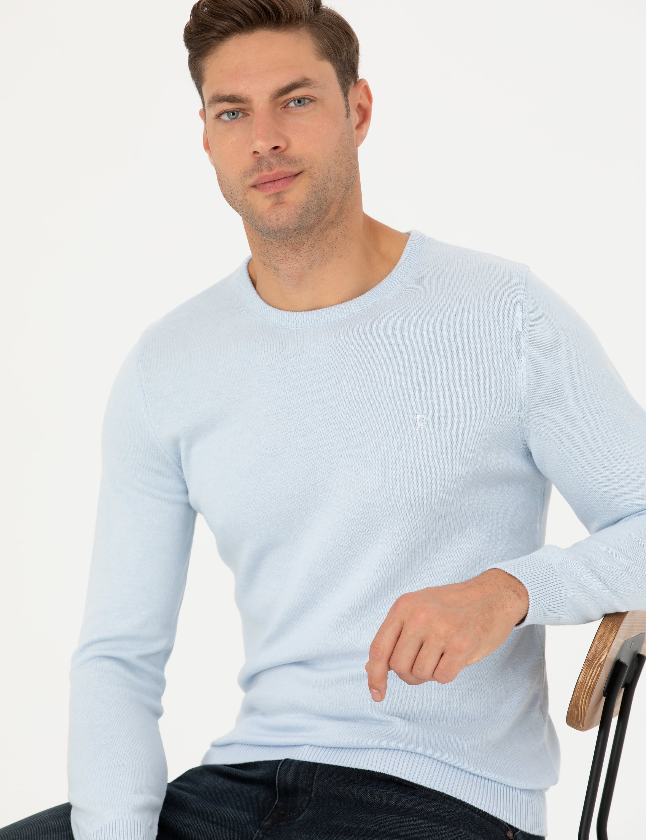 Açık Mavi Slim Fit Bisiklet Yaka Basic Triko Kazak
