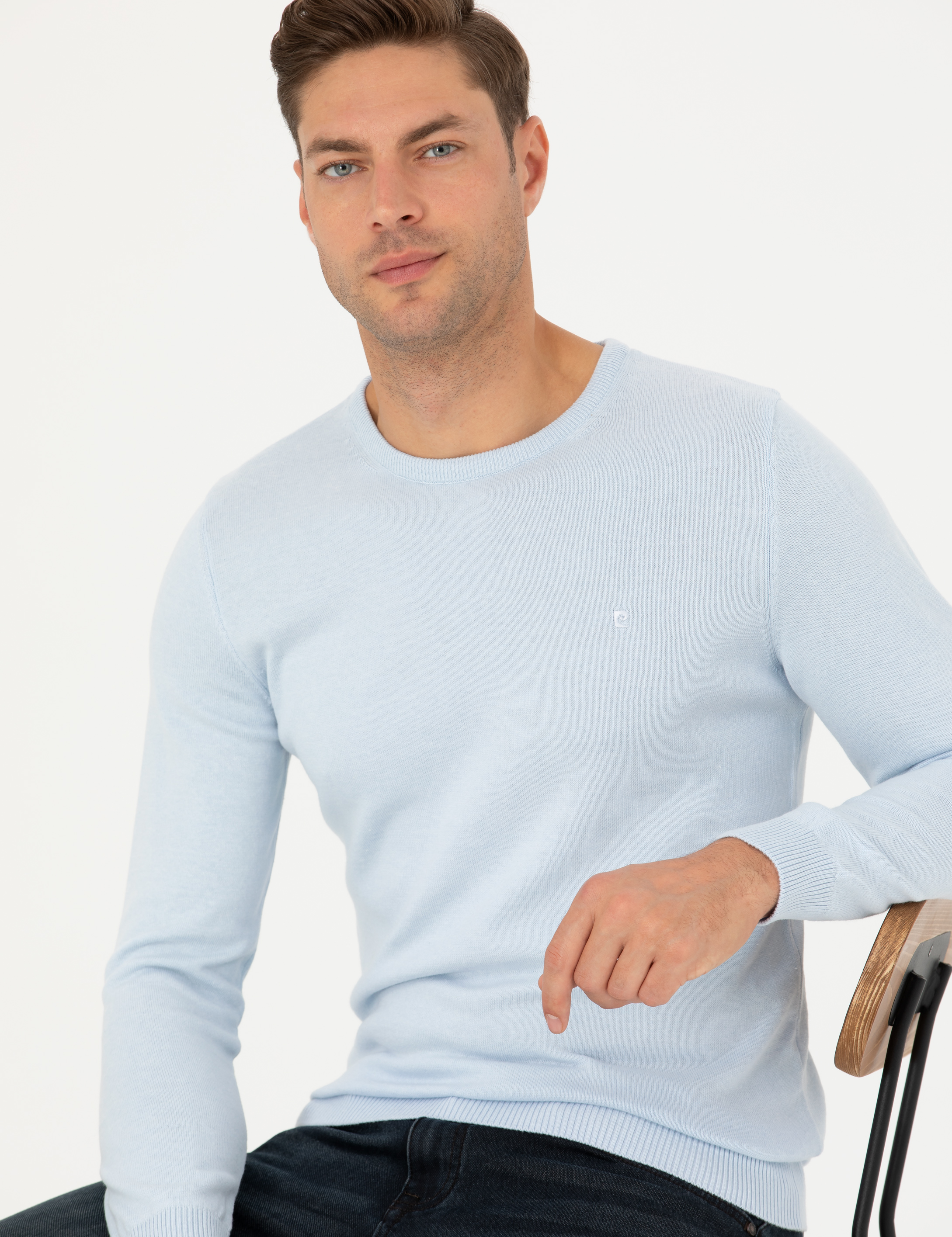 Açık Mavi Slim Fit Bisiklet Yaka Basic Triko Kazak