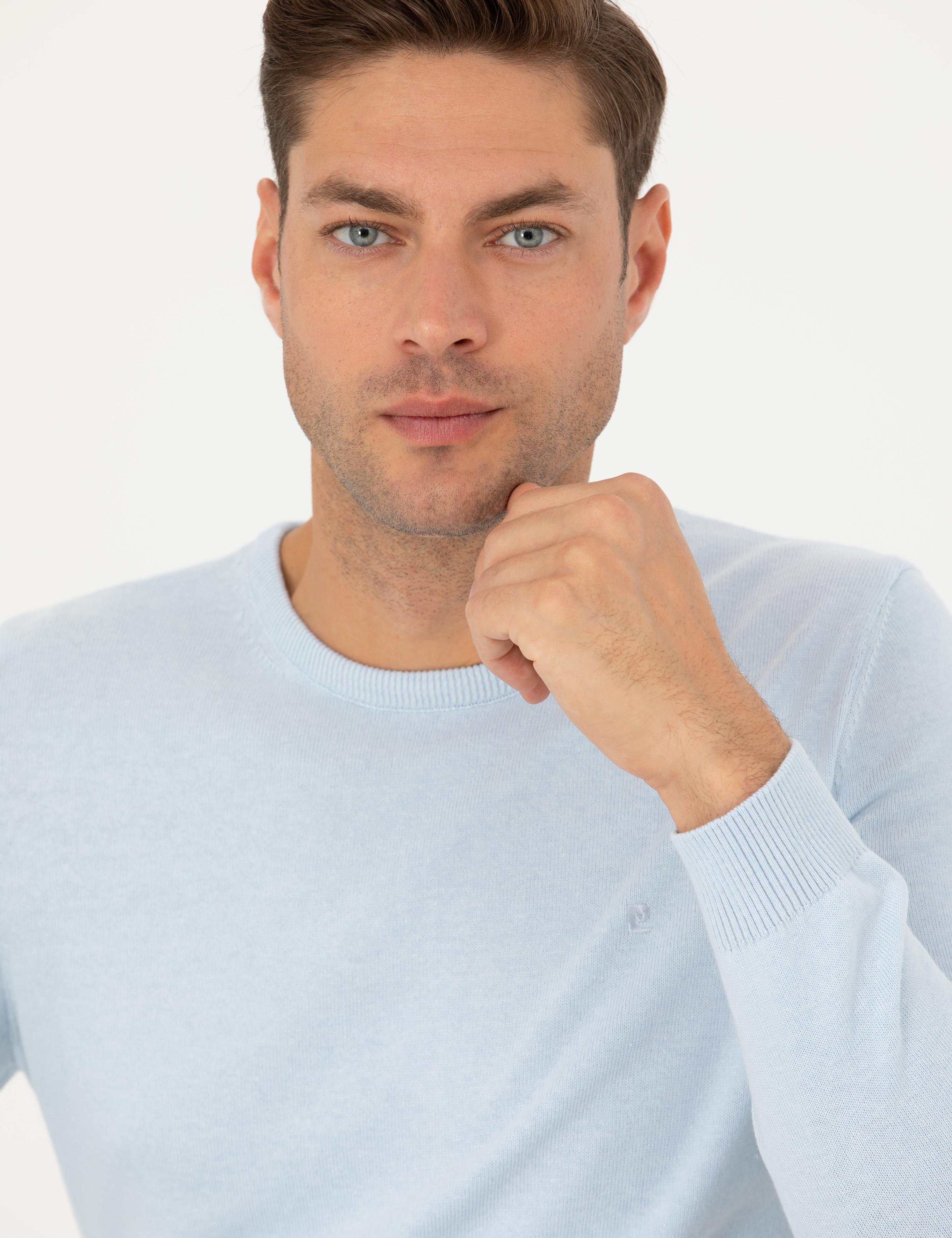 Açık Mavi Slim Fit Bisiklet Yaka Basic Triko Kazak