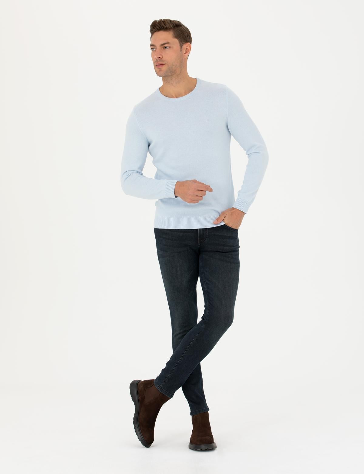 Açık Mavi Slim Fit Bisiklet Yaka Basic Triko Kazak - 50270179194