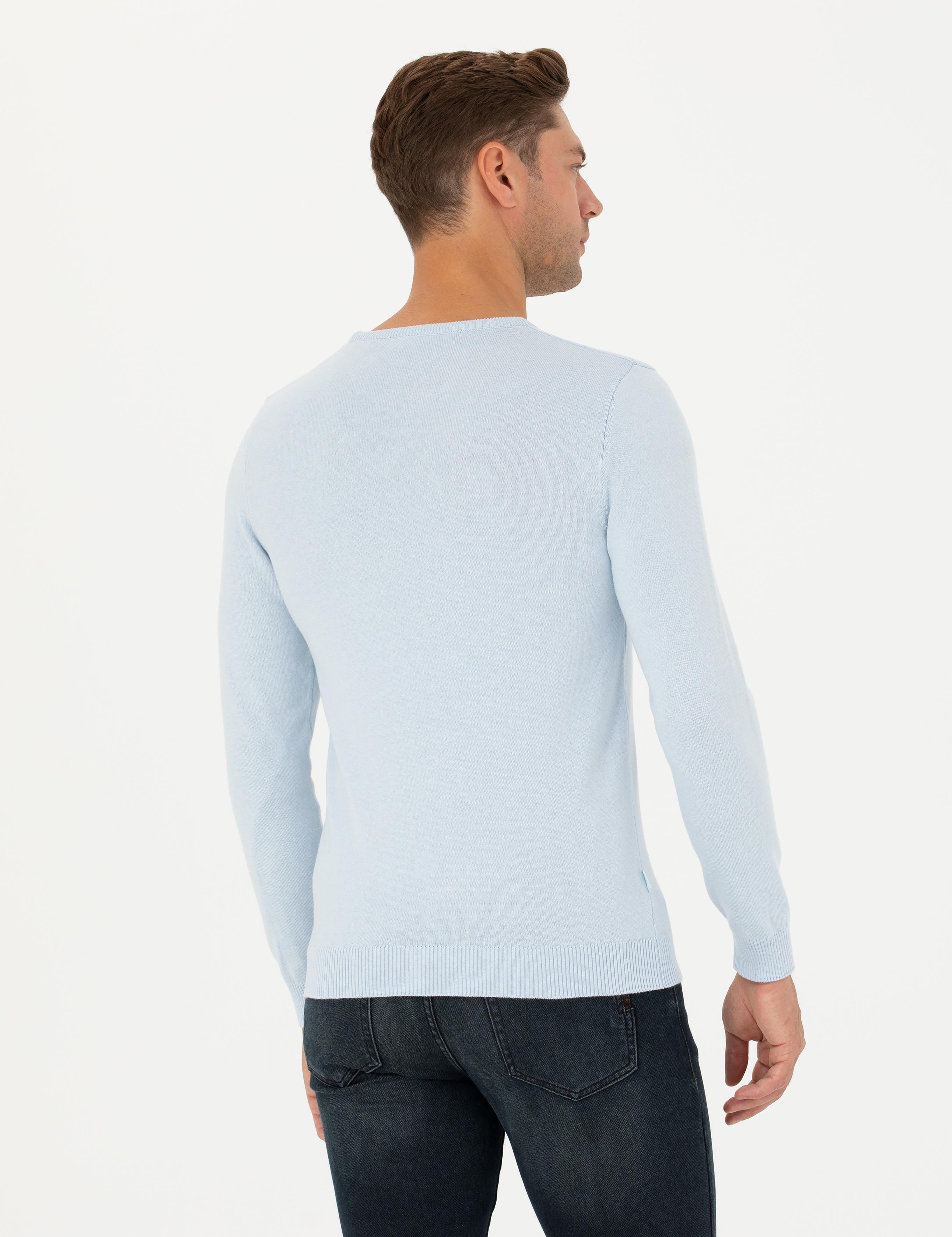 Açık Mavi Slim Fit Bisiklet Yaka Basic Triko Kazak