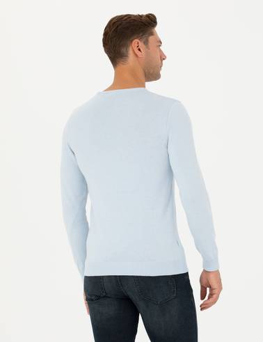 Açık Mavi Slim Fit Bisiklet Yaka Basic Triko Kazak