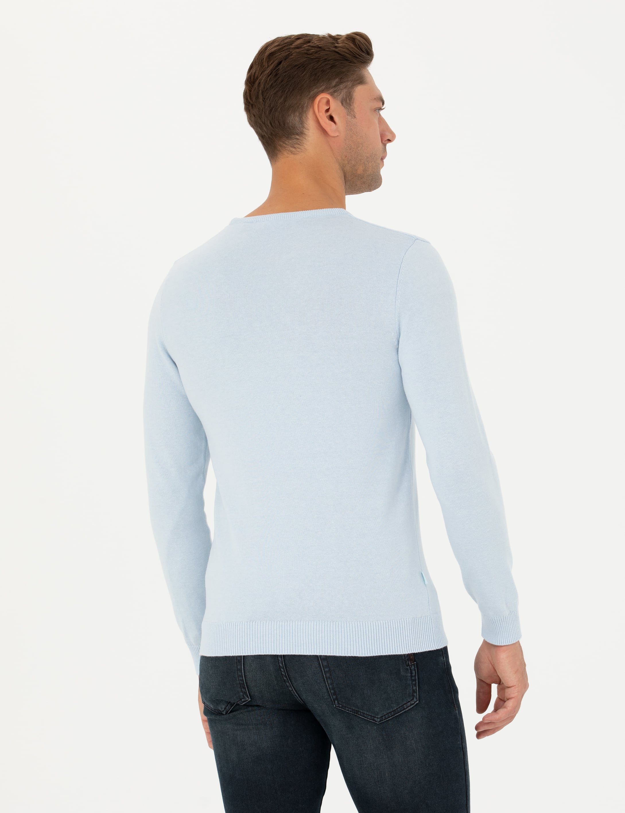 Açık Mavi Slim Fit Bisiklet Yaka Basic Triko Kazak - Image 6