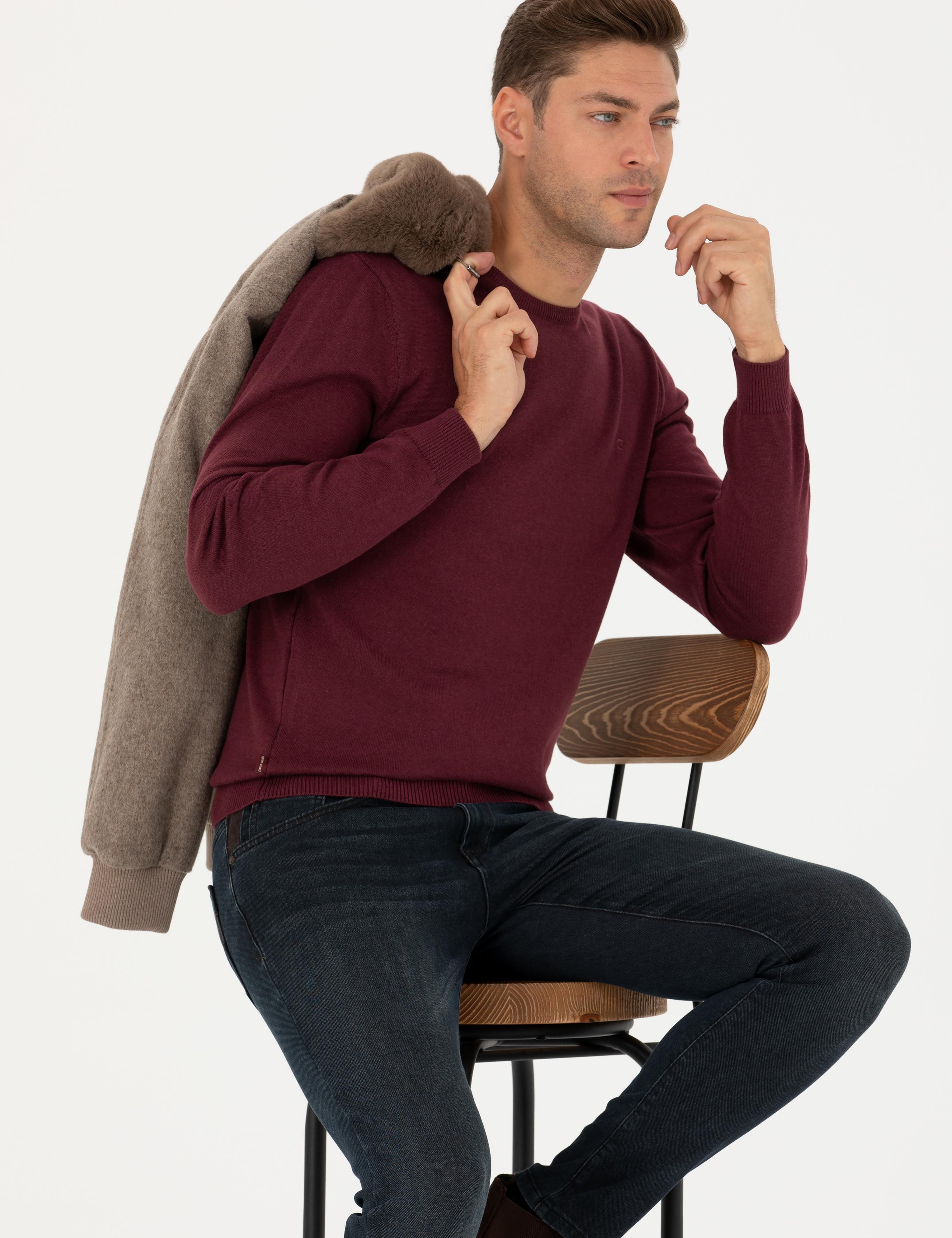 Bordo Slim Fit Bisiklet Yaka Basic Triko Kazak