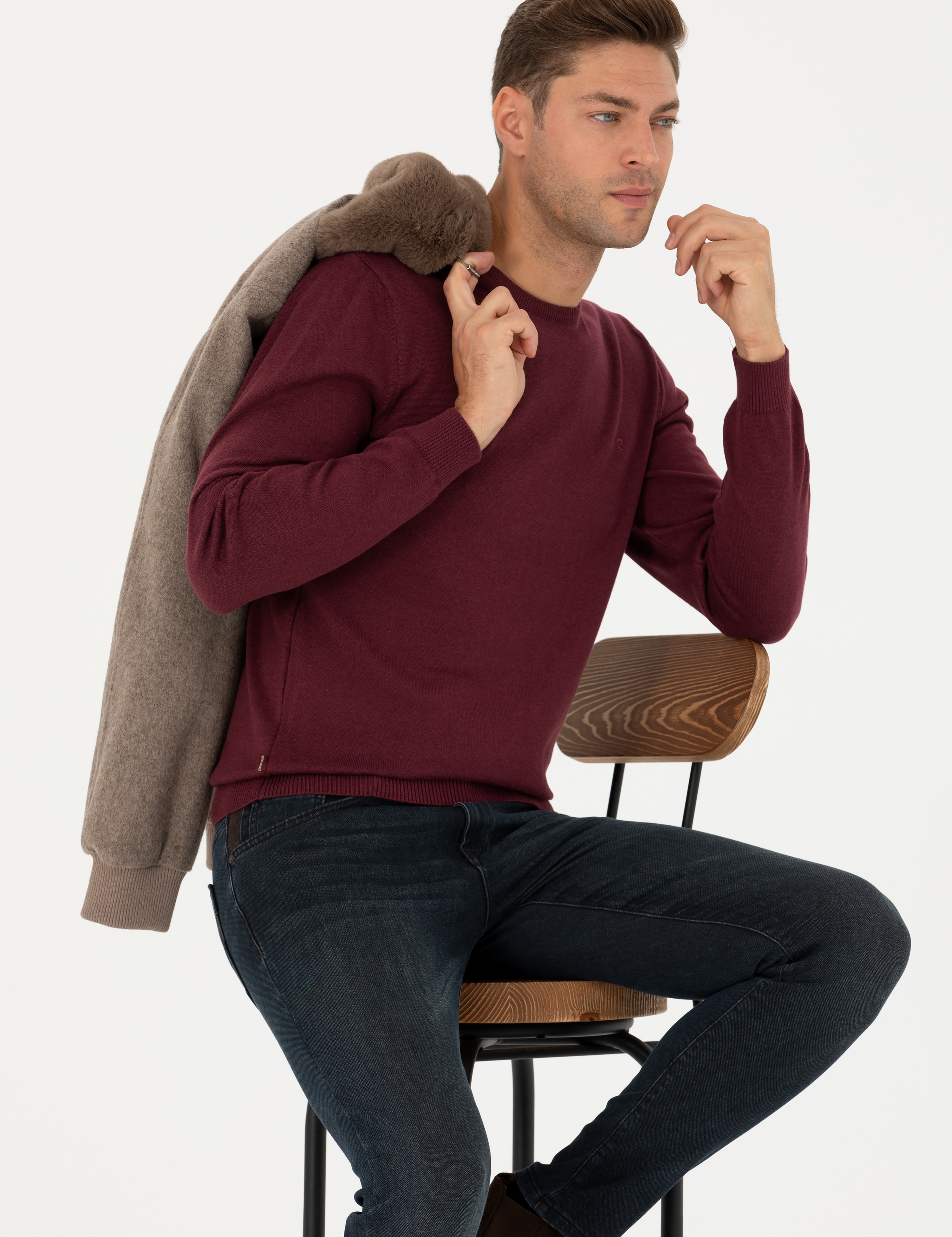 Bordo Slim Fit Bisiklet Yaka Basic Triko Kazak - Image 1