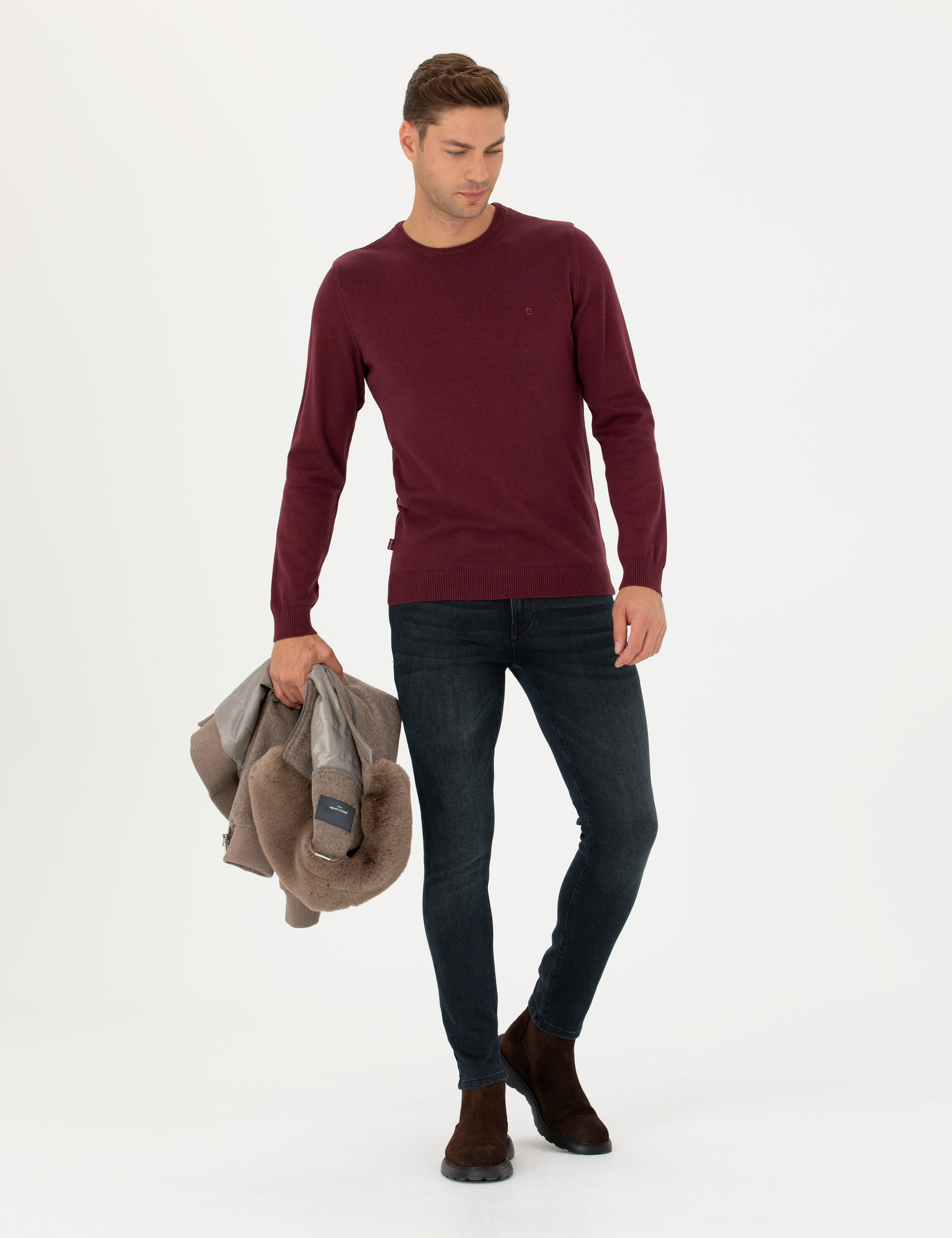 Bordo Slim Fit Bisiklet Yaka Basic Triko Kazak - Image 3