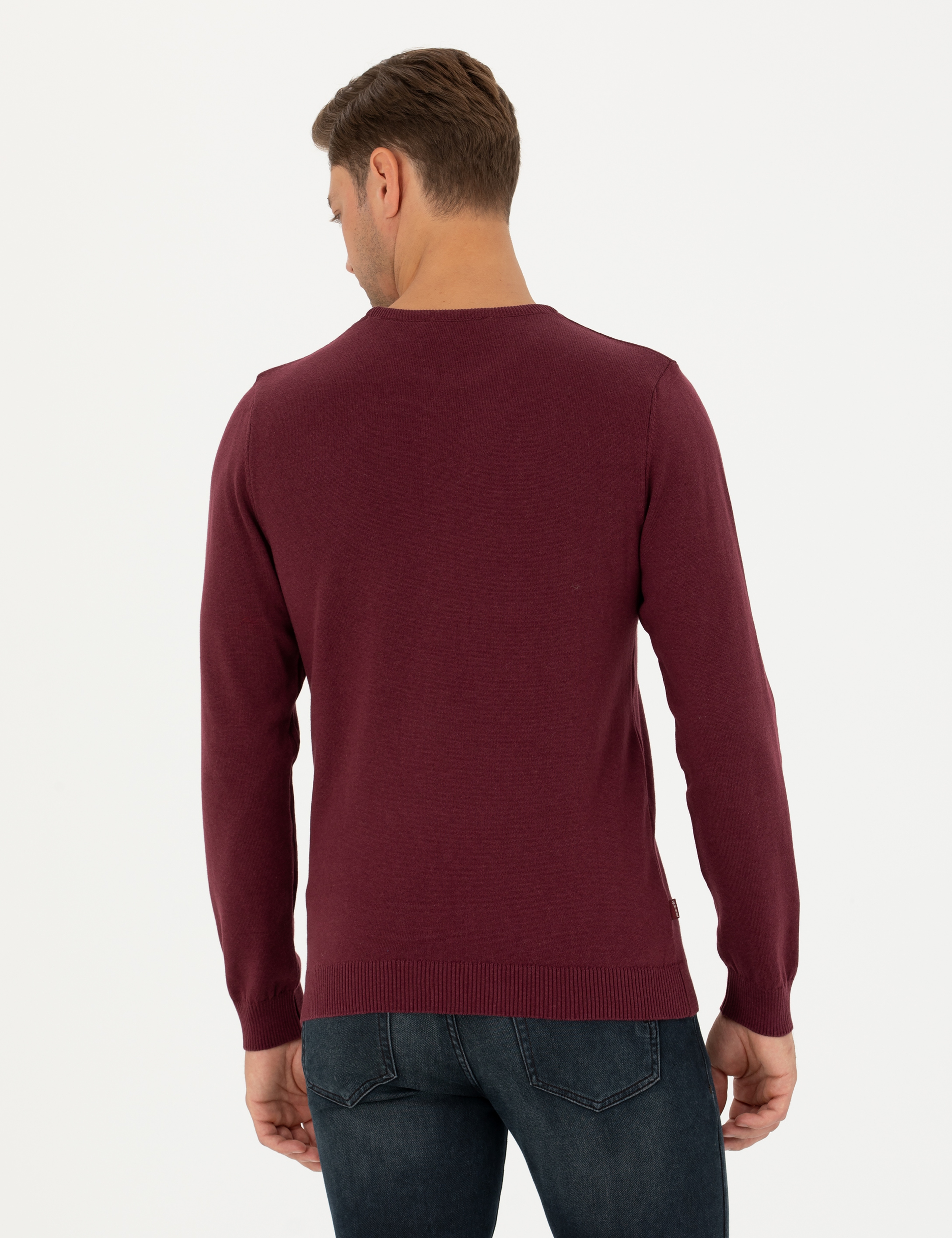 Bordo Slim Fit Bisiklet Yaka Basic Triko Kazak - Image 6