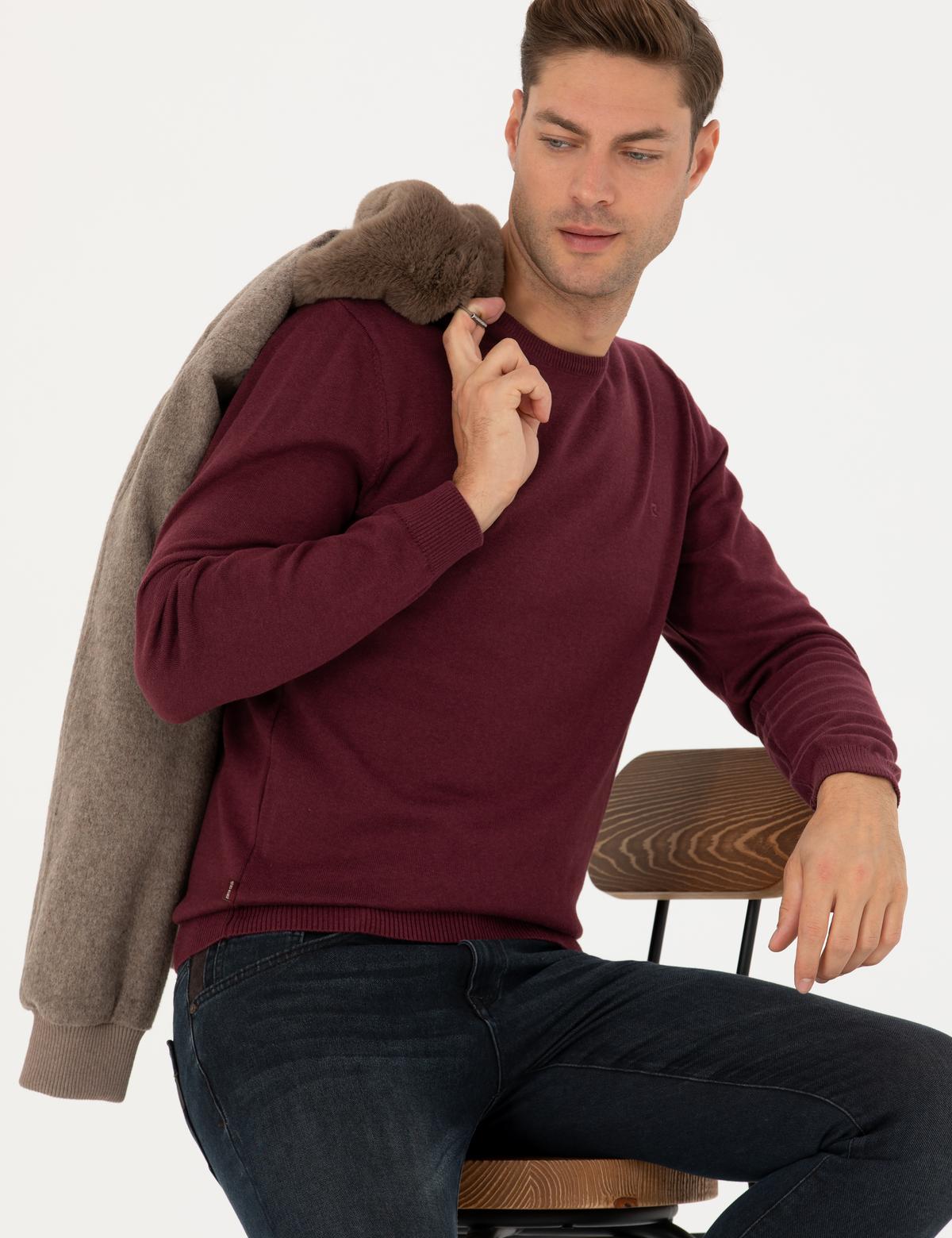 Bordo Slim Fit Bisiklet Yaka Basic Triko Kazak - 50270179203