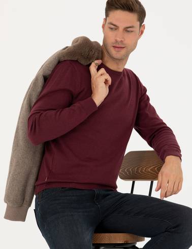 Bordo Slim Fit Bisiklet Yaka Basic Triko Kazak