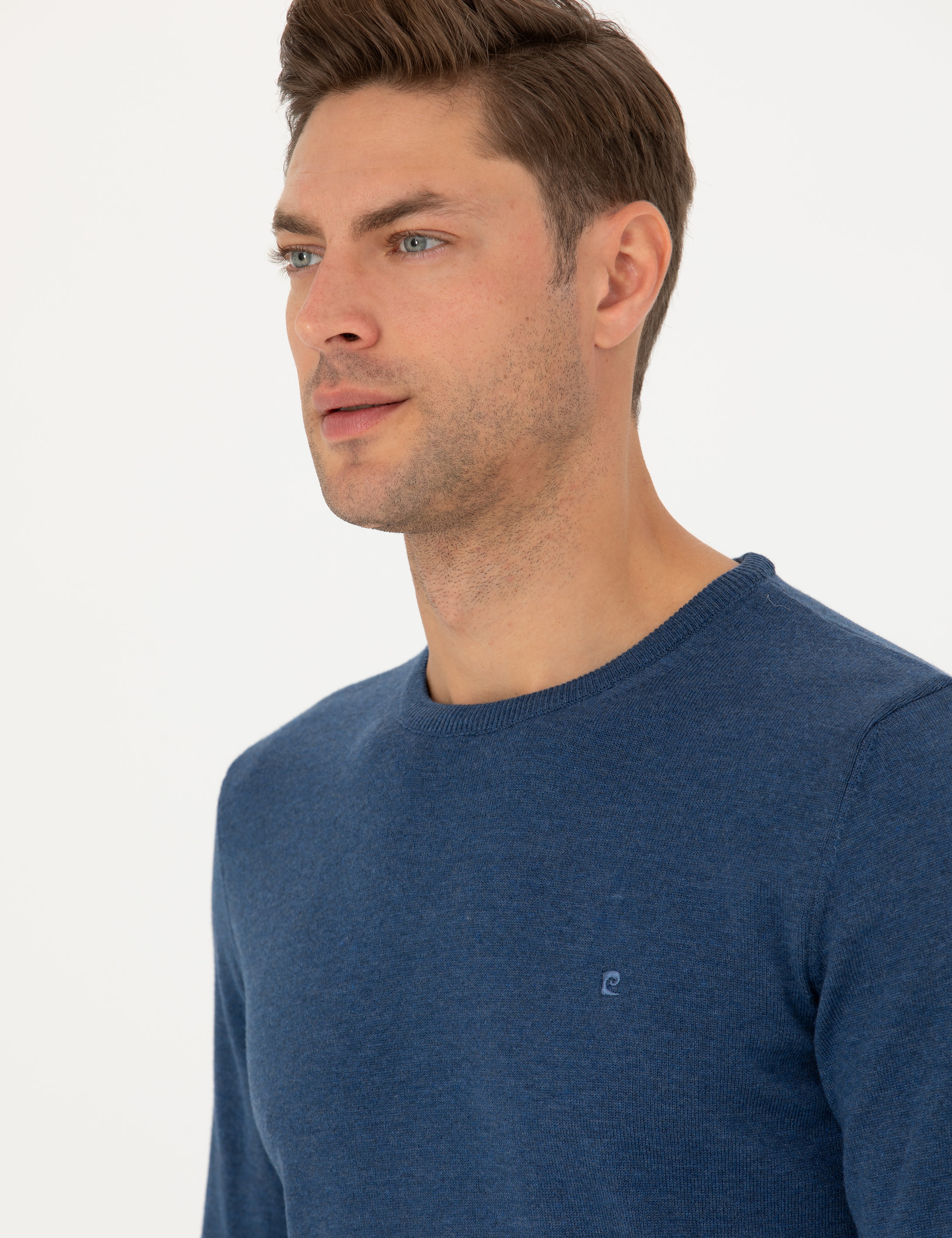 İndigo Melanj Slim Fit Bisiklet Yaka Basic Triko Kazak