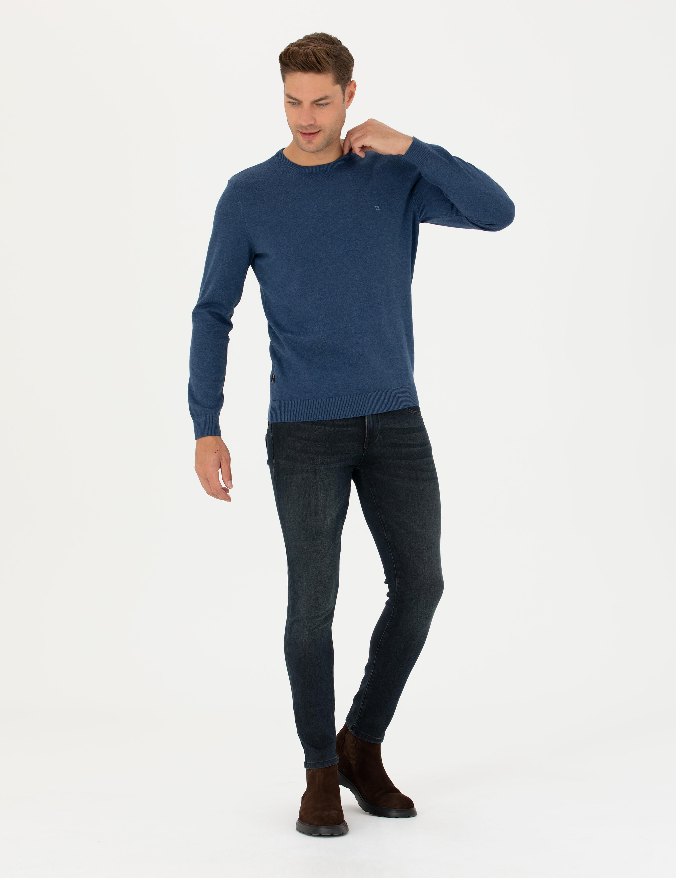 İndigo Melanj Slim Fit Bisiklet Yaka Basic Triko Kazak