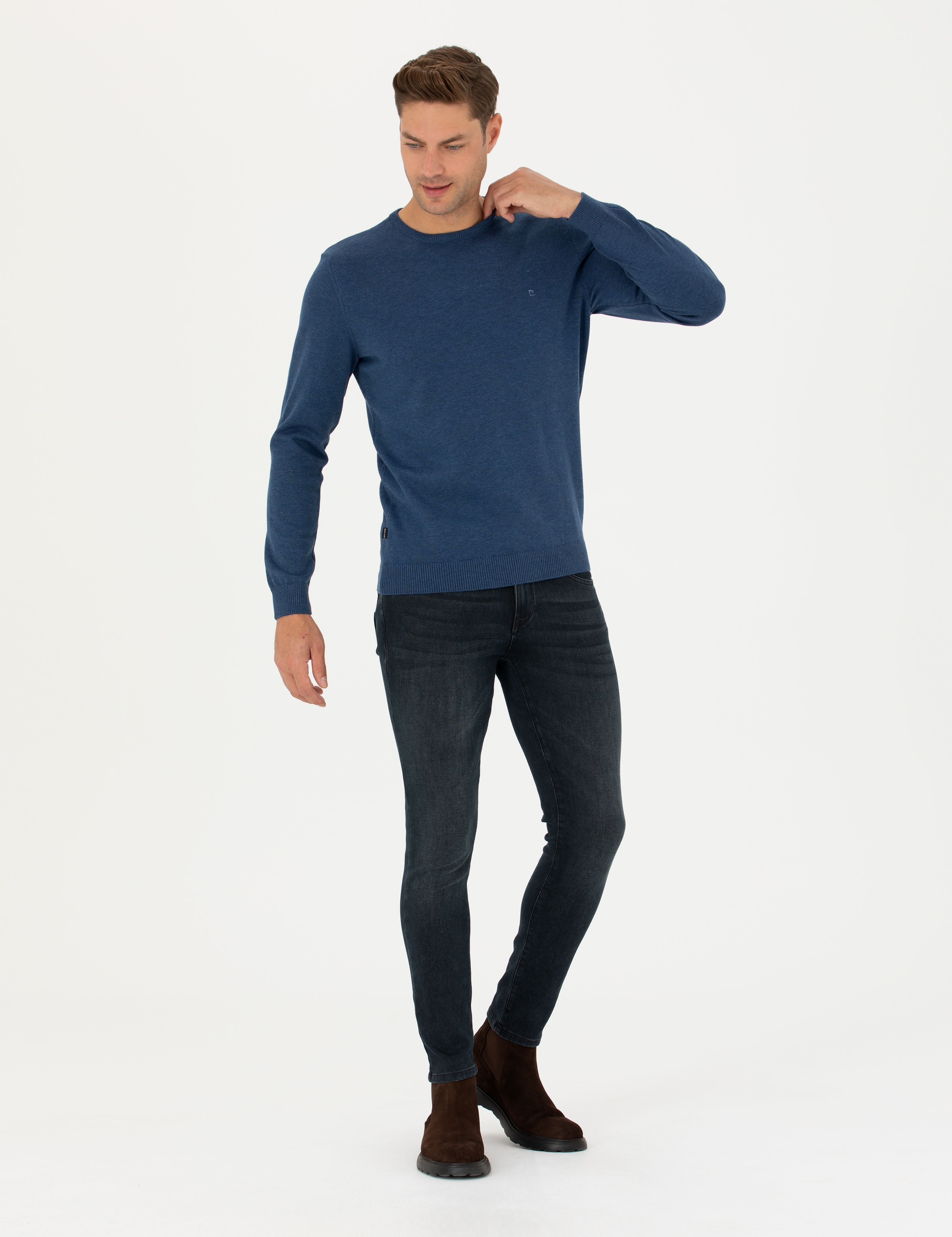 İndigo Melanj Slim Fit Bisiklet Yaka Basic Triko Kazak