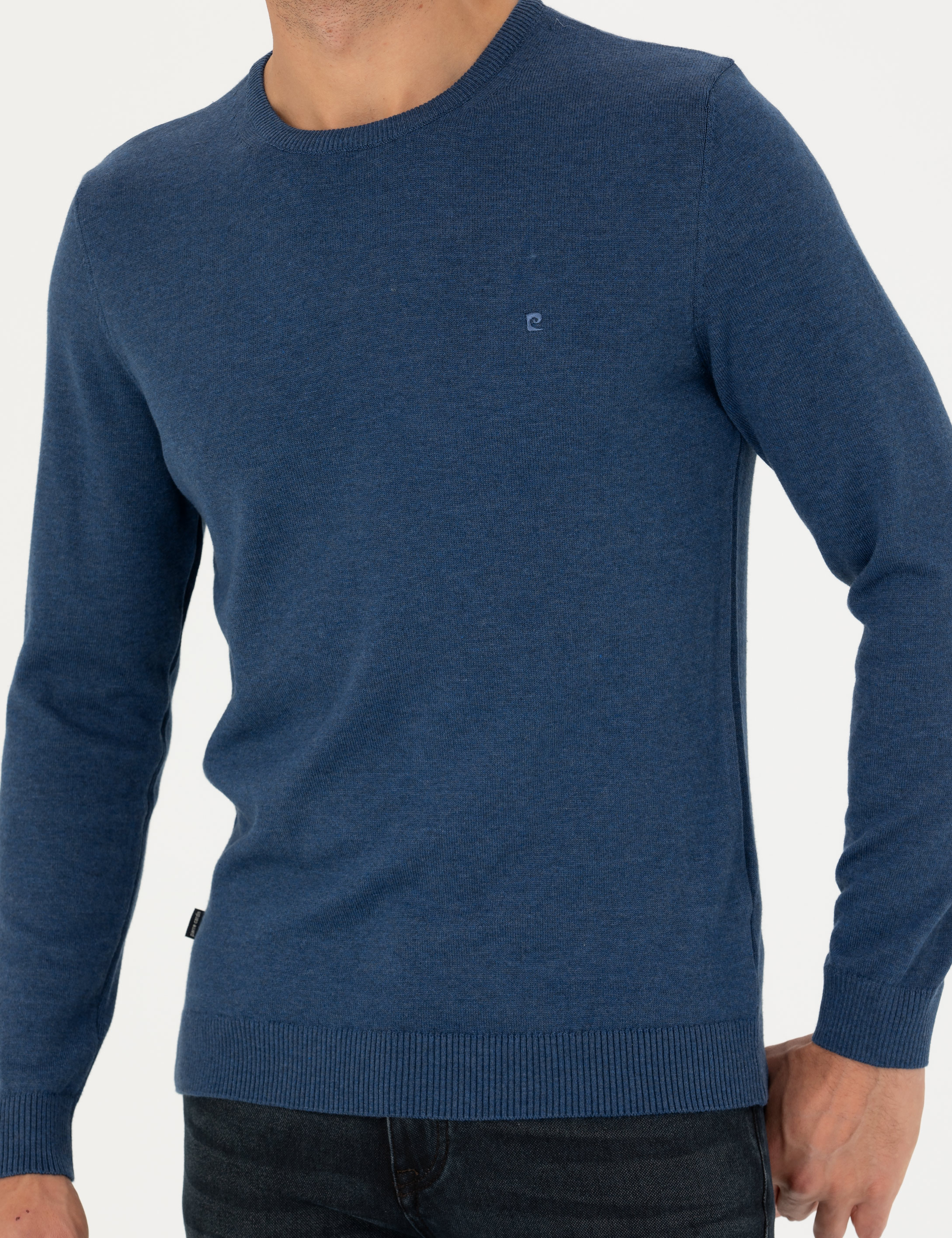 Pierre Cardin İndigo Melanj Slim Fit Bisiklet Yaka Basic Triko Kazak görsel 7