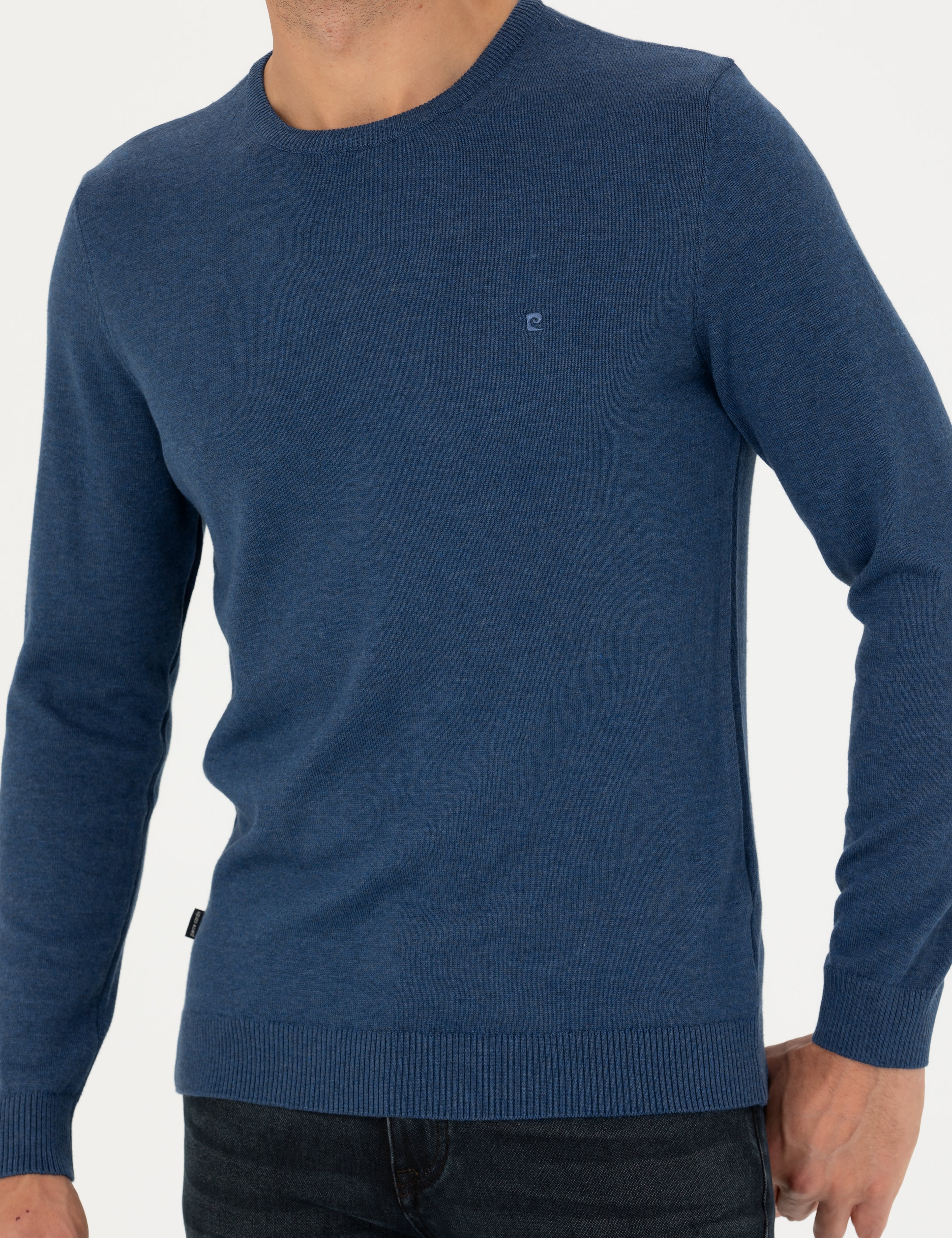 İndigo Melanj Slim Fit Bisiklet Yaka Basic Triko Kazak - Image 7